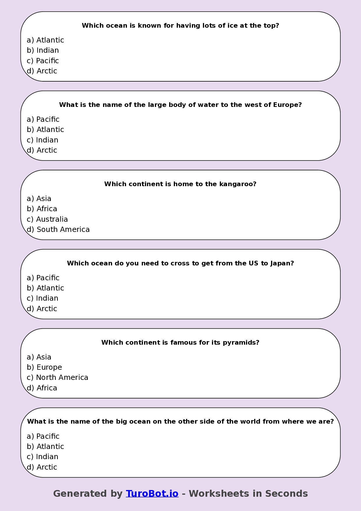 Year 4 Geography Multiple Choice Worksheet – Continents and Oceans