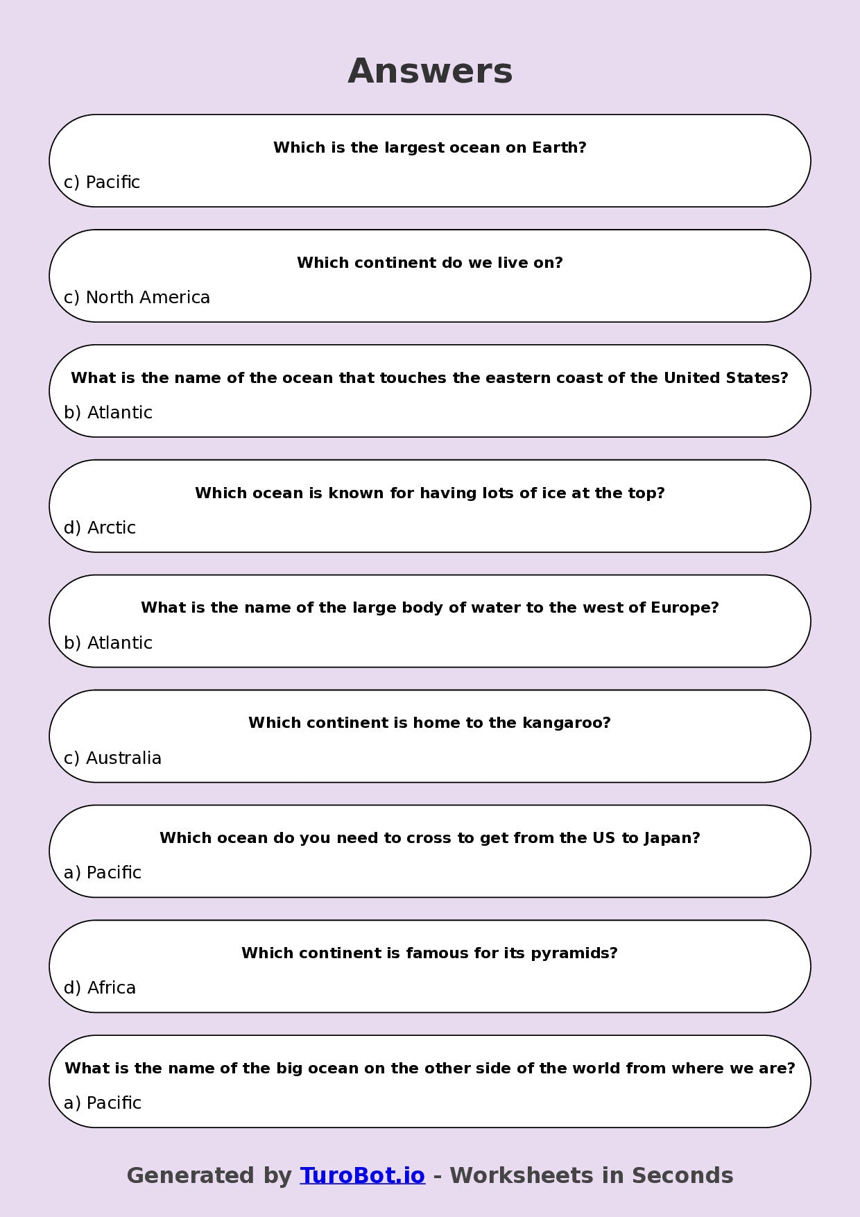 Year 4 Geography Multiple Choice Worksheet – Continents and Oceans