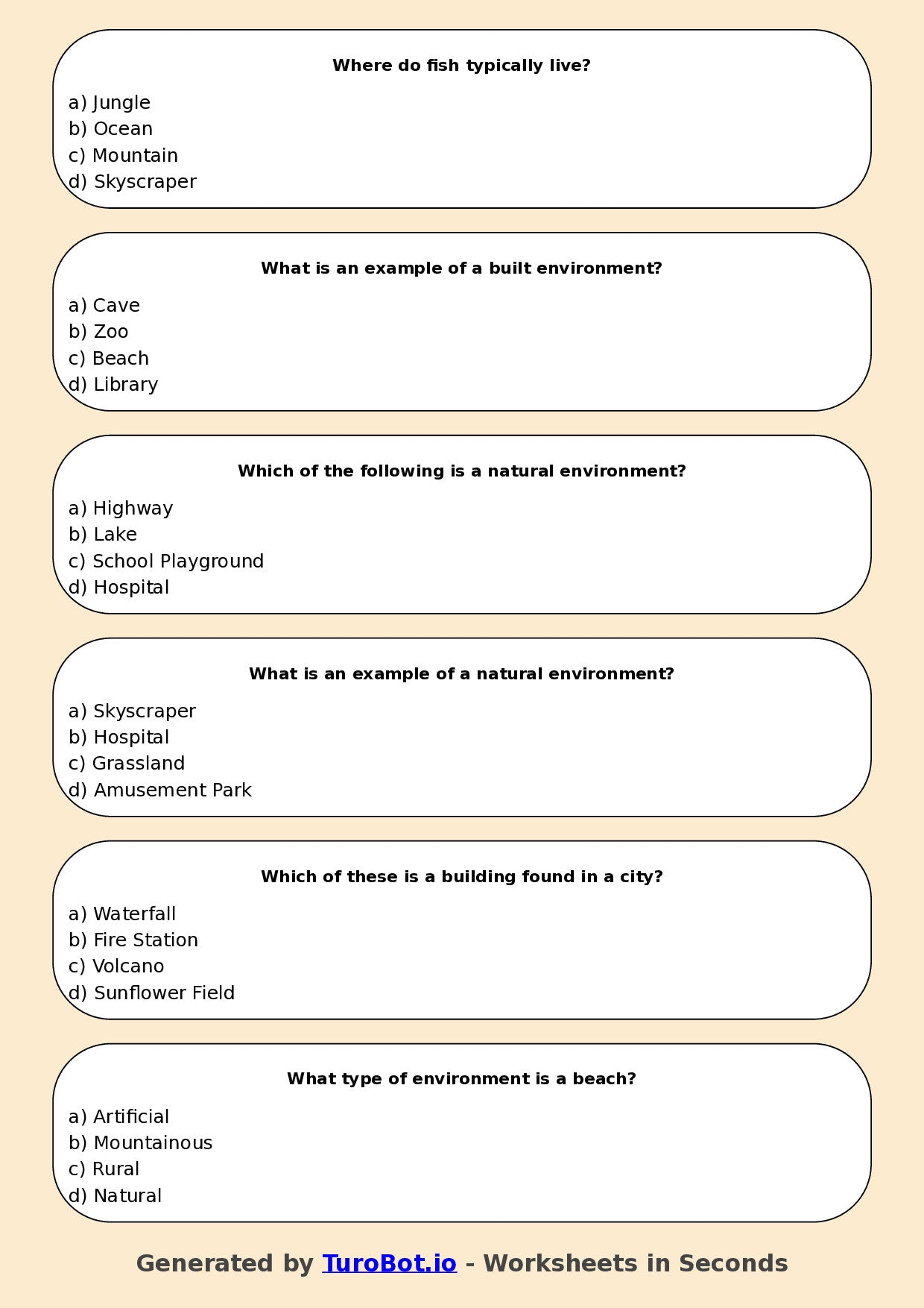 Year 4 Geography Multiple Choice Worksheet – Natural and Built Environments