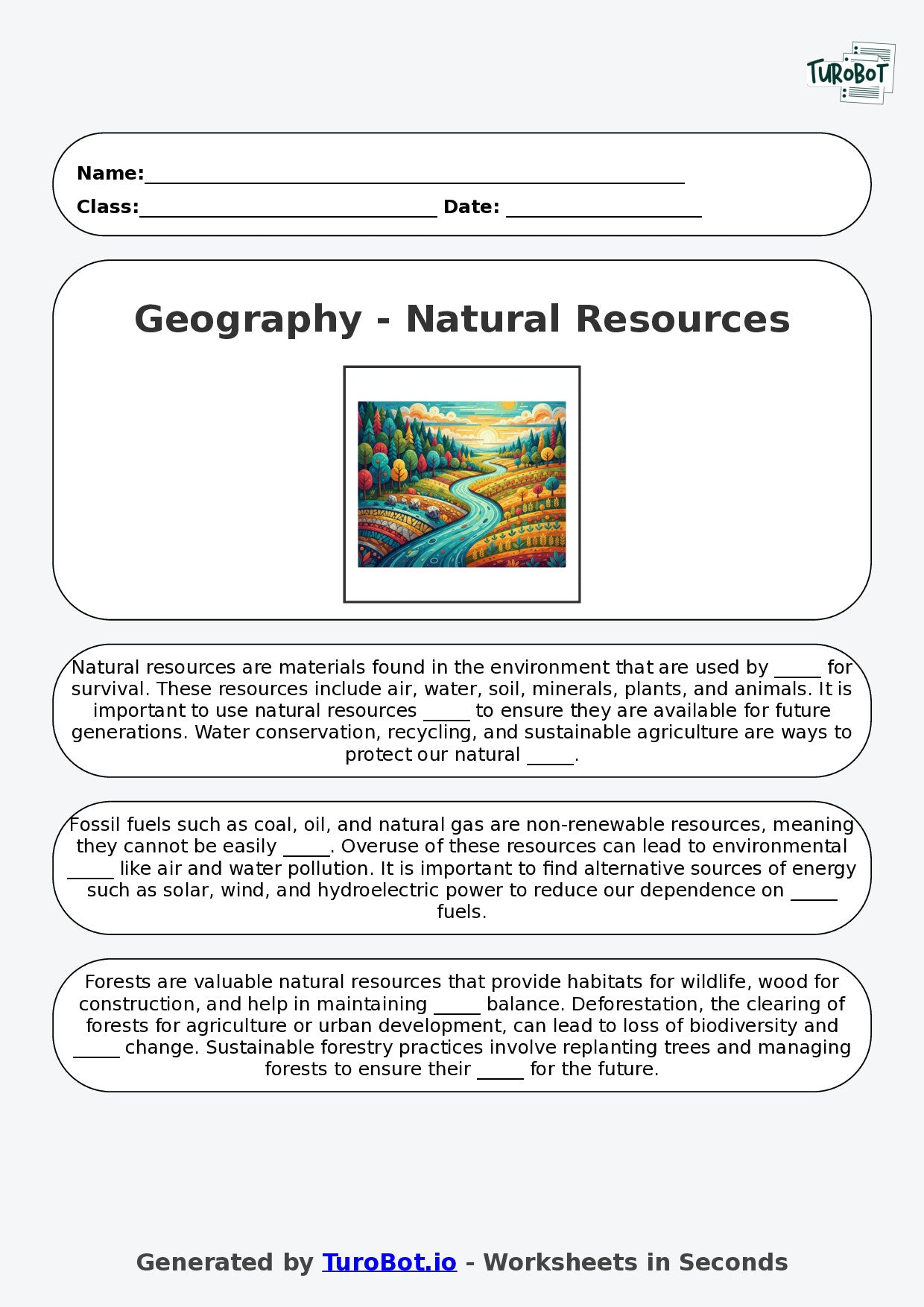 Year 5 Geography Fill in the Blanks Worksheet – Natural Resources