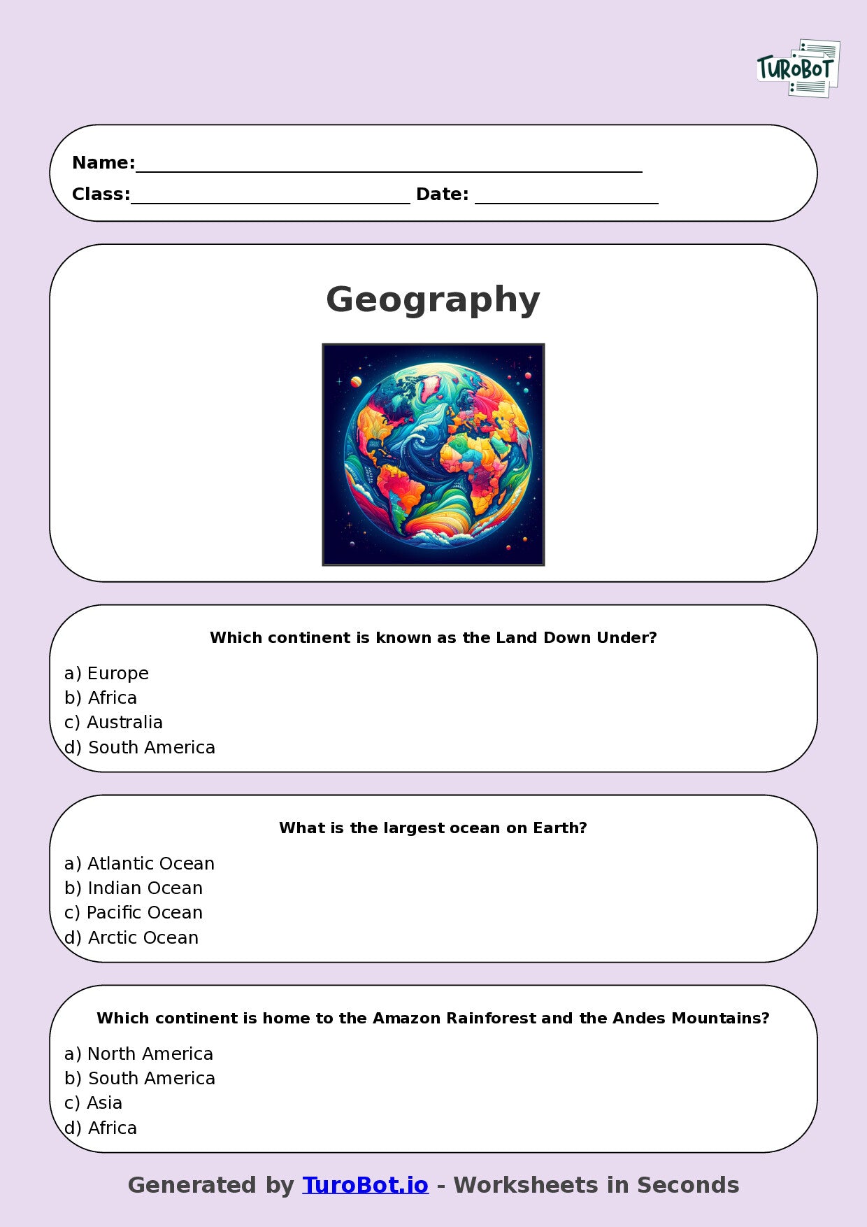 Year 5 Geography Multiple Choice Worksheet – Continents & Oceans