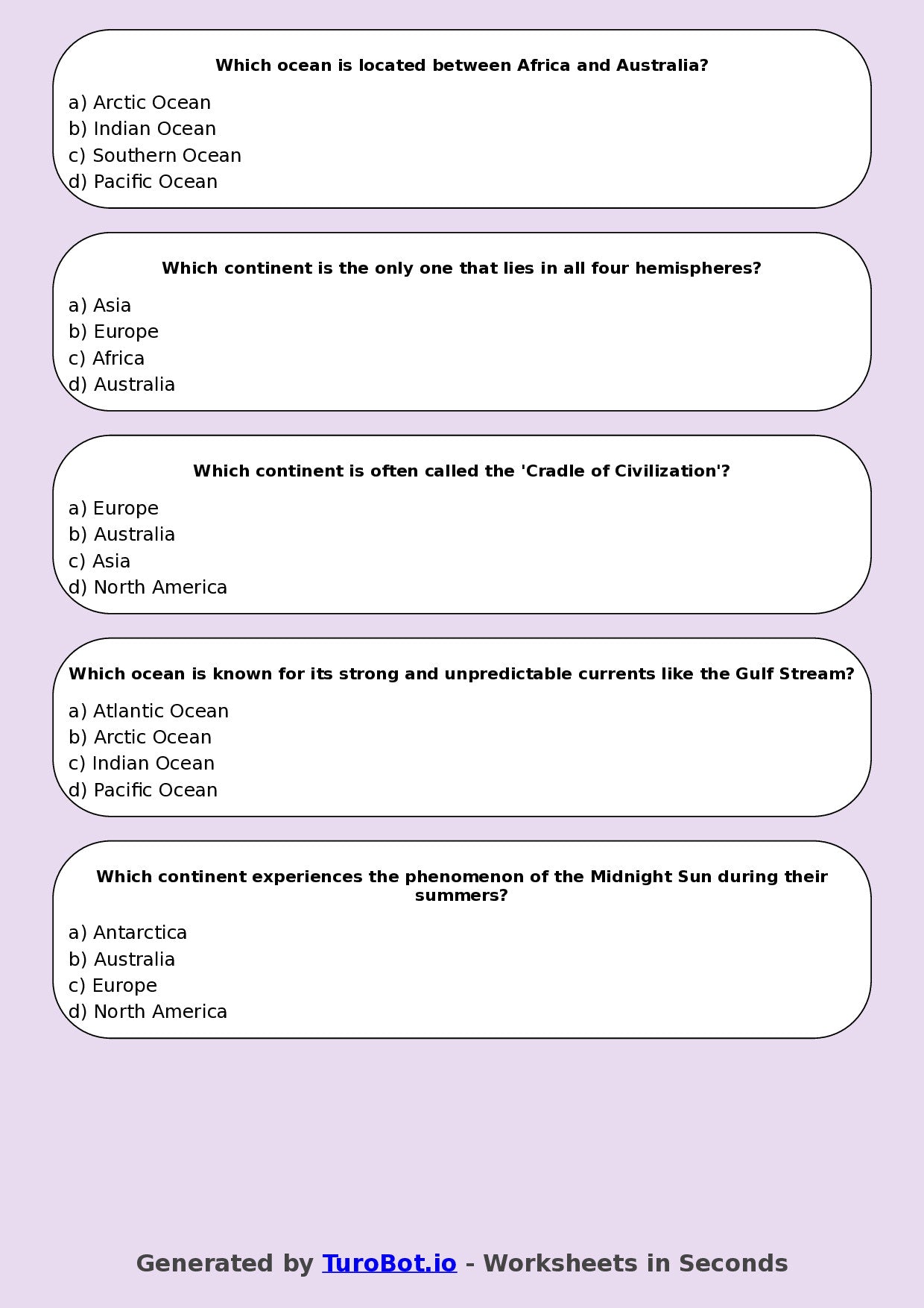 Year 5 Geography Multiple Choice Worksheet – Continents & Oceans