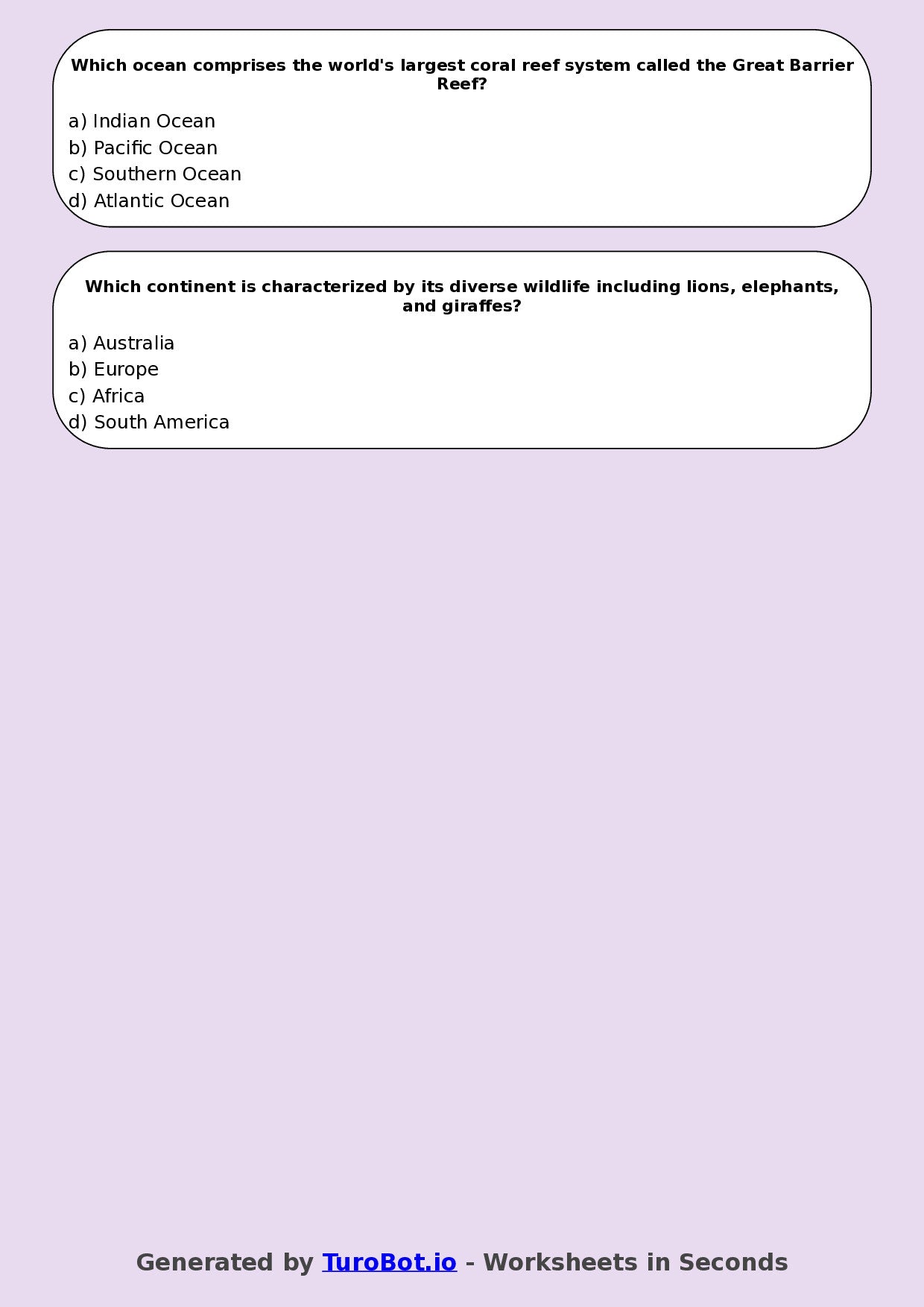 Year 5 Geography Multiple Choice Worksheet – Continents & Oceans