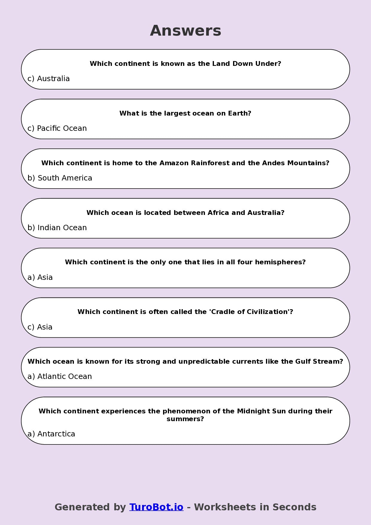 Year 5 Geography Multiple Choice Worksheet – Continents & Oceans