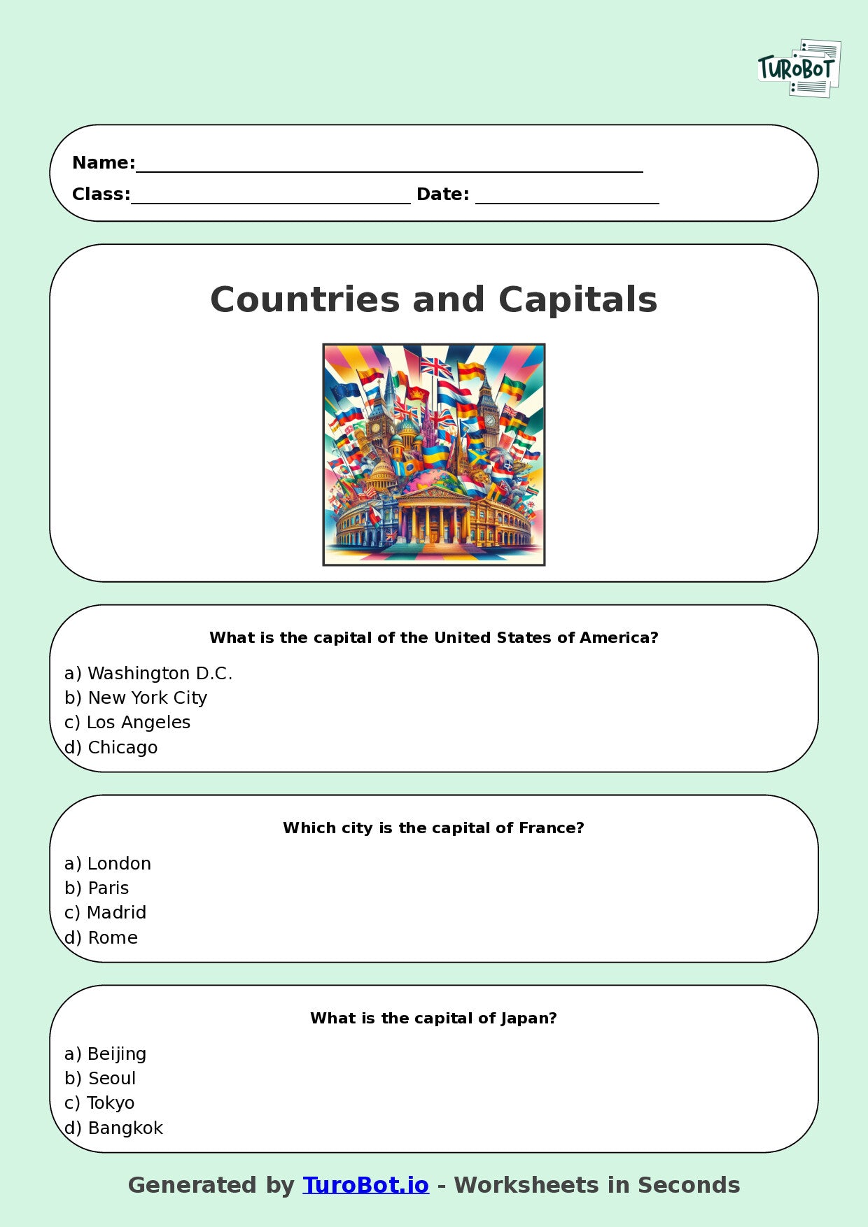 Year 5 Geography Multiple Choice Worksheet – Countries and Capitals