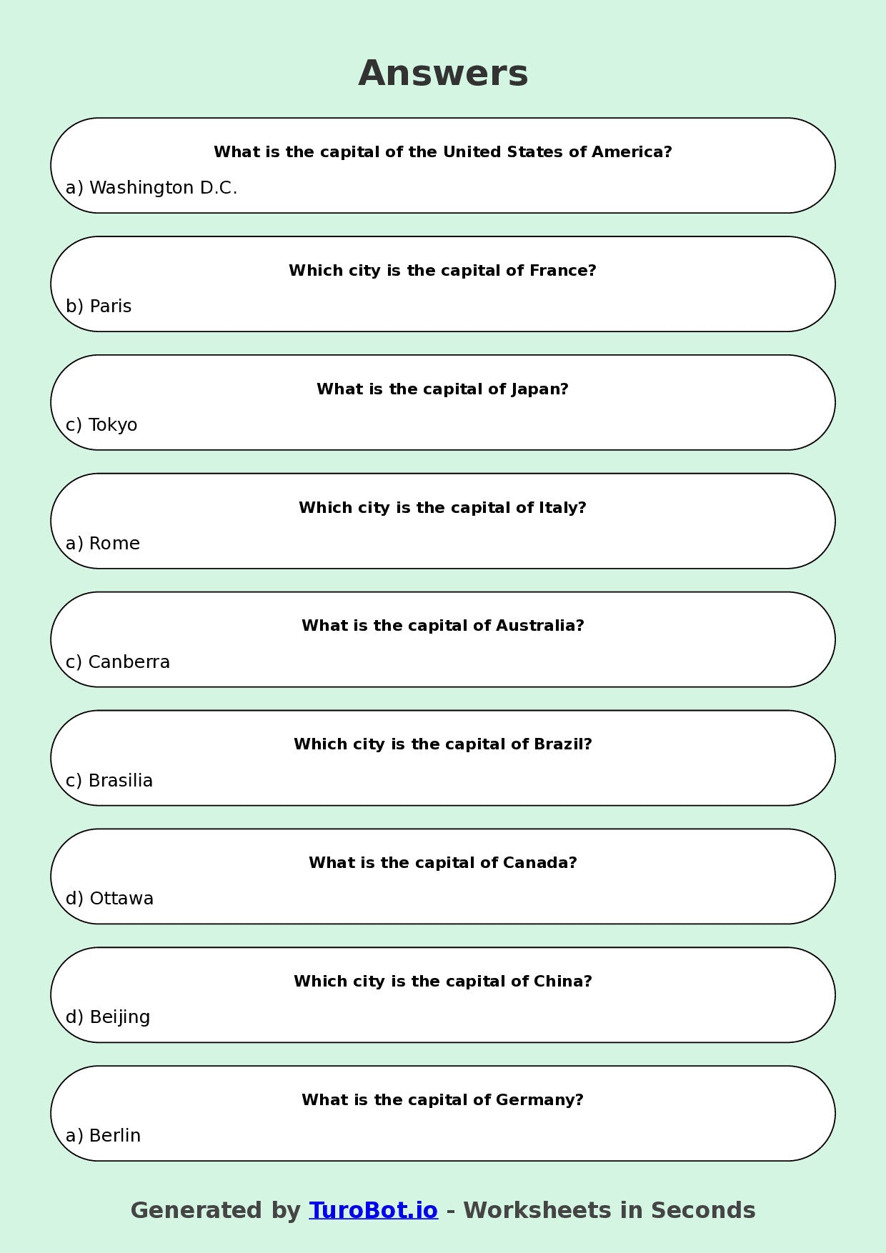 Year 5 Geography Multiple Choice Worksheet – Countries and Capitals