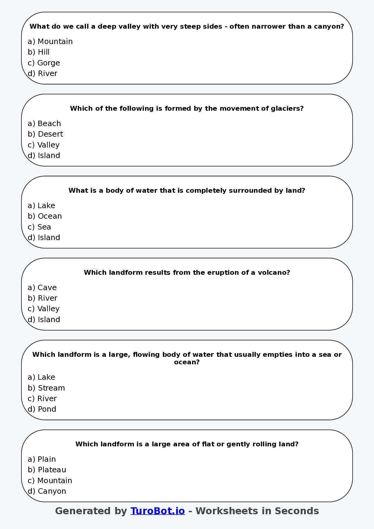 Year 5 Geography Multiple Choice Worksheet – Physical Landforms