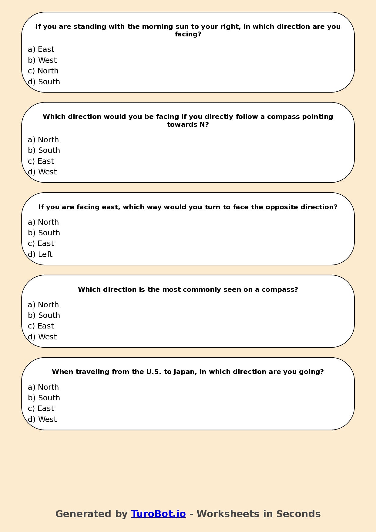 Year 5 Geography Multiple Choice Worksheet – Using Compass Directions