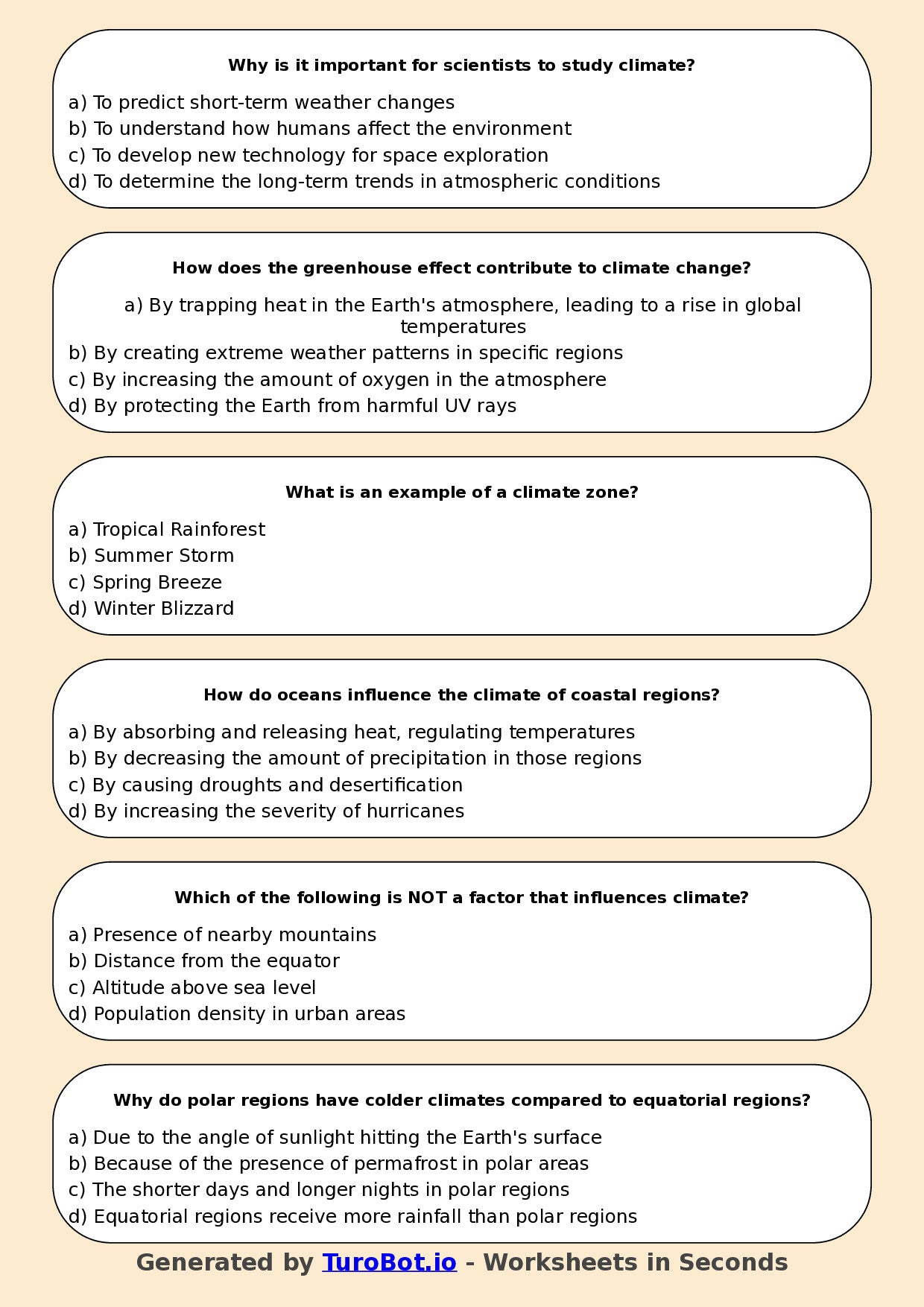 Year 5 Geography Multiple Choice Worksheet – Weather and Climate Differences