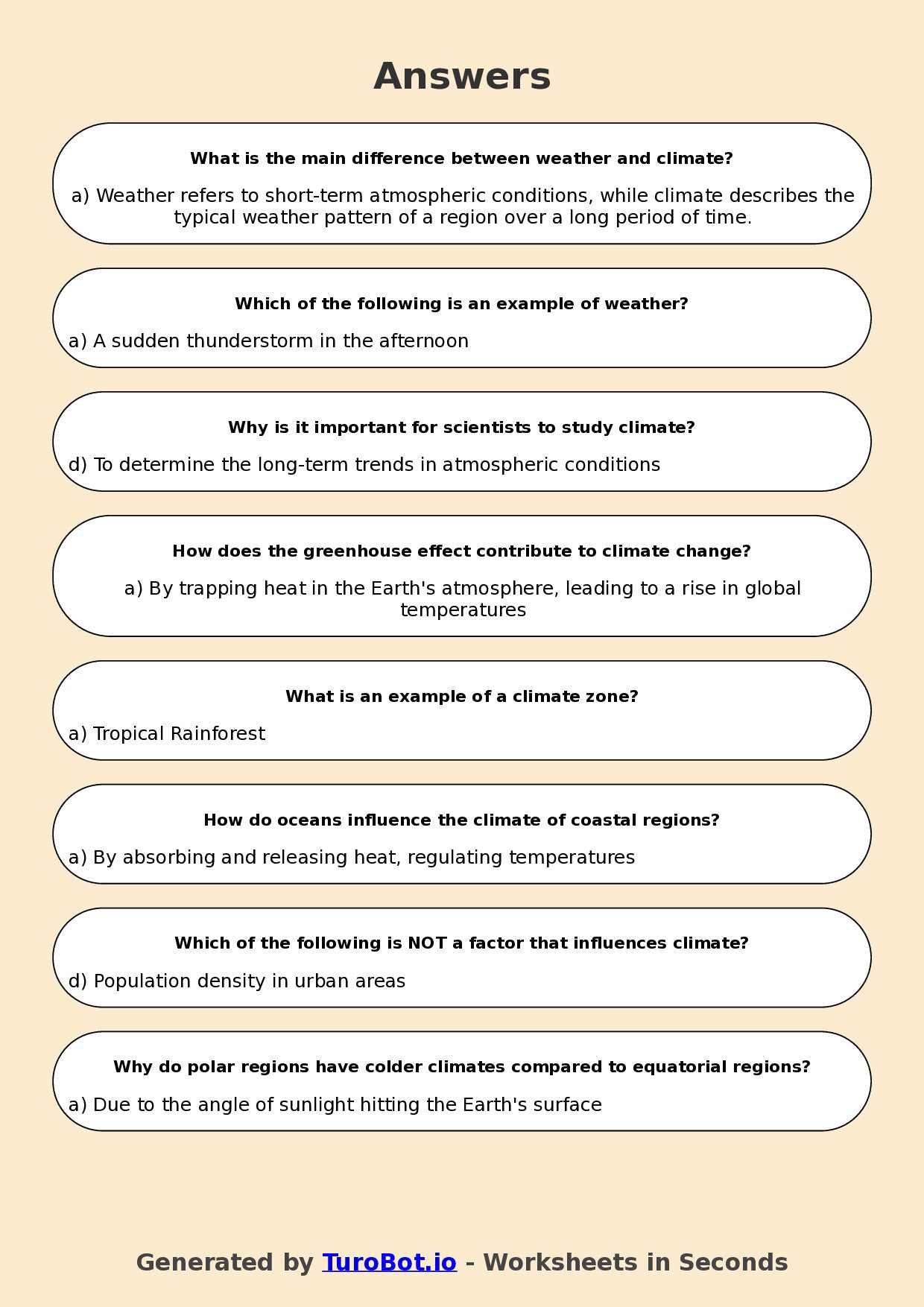 Year 5 Geography Multiple Choice Worksheet – Weather and Climate Differences