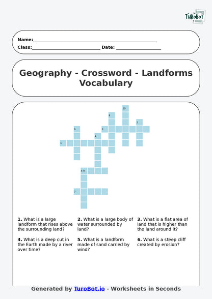 Year 6 Geography Crossword Worksheet – Landforms Vocabulary