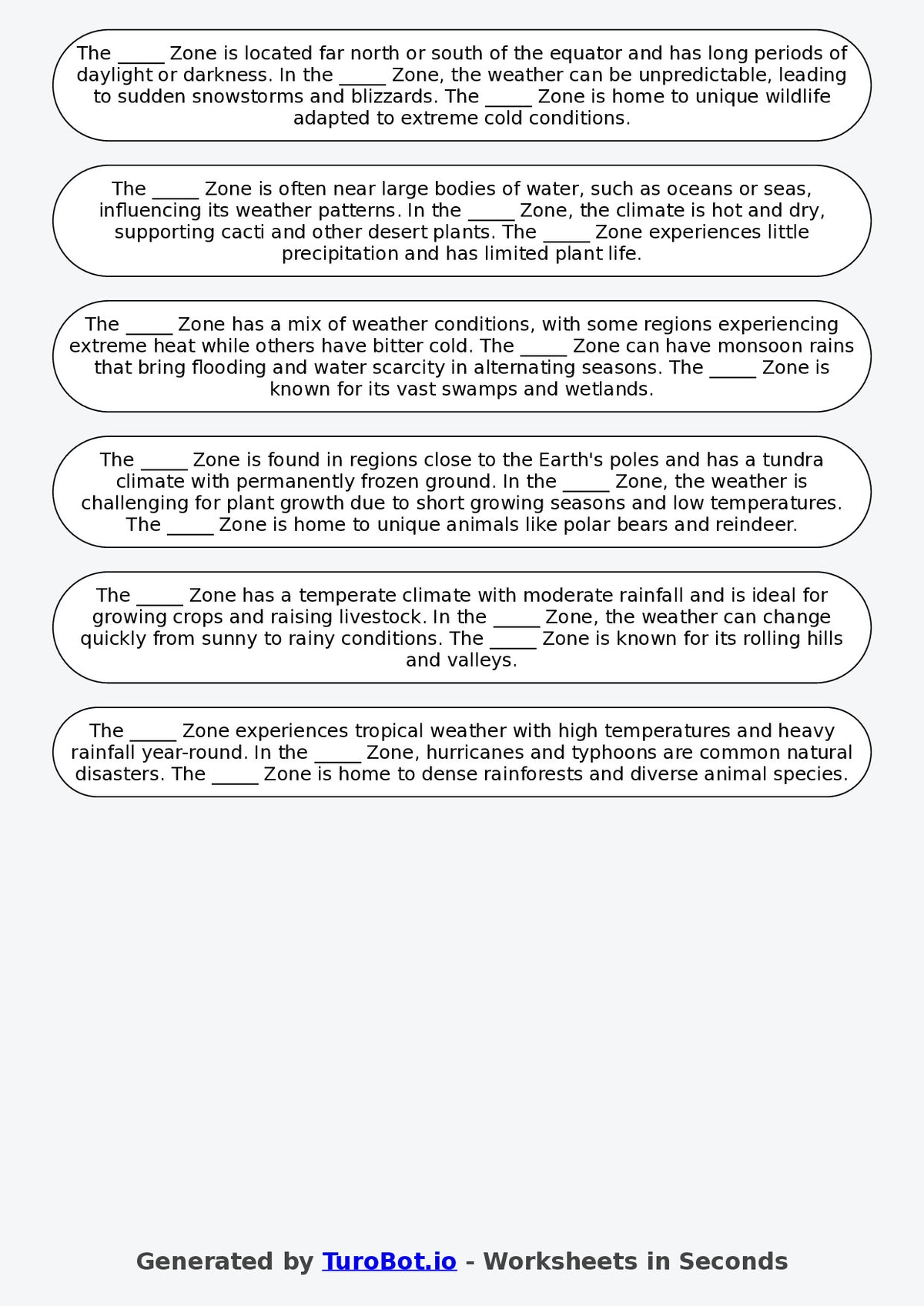 Fill Geography Year 6 Geography Fill in the Blanks Worksheet – Climate Zones – TuroBot