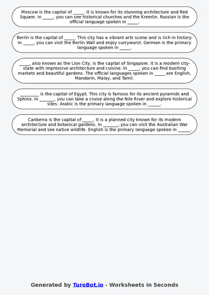 Year 6 Geography Fill in the Blanks Worksheet – Countries and Capitals