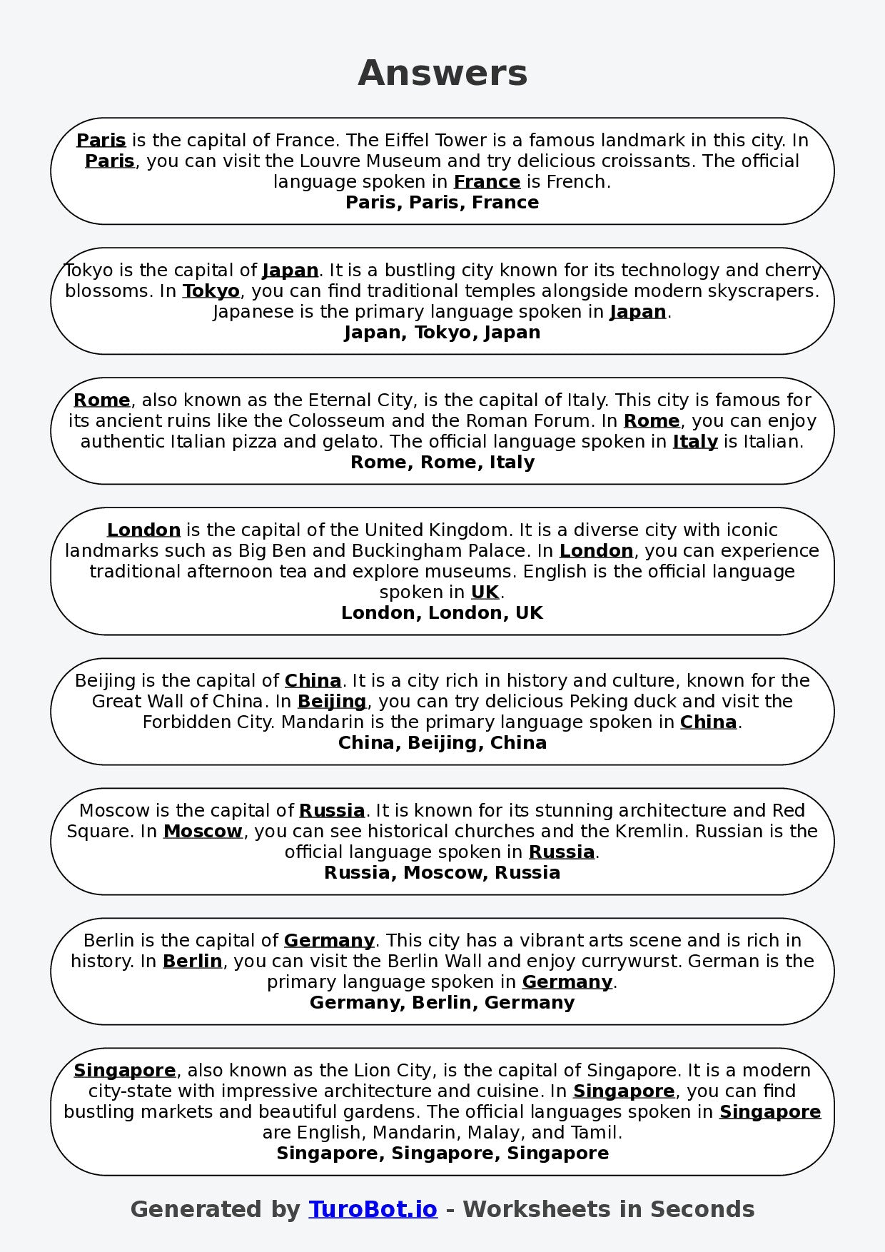 Year 6 Geography Fill in the Blanks Worksheet – Countries and Capitals