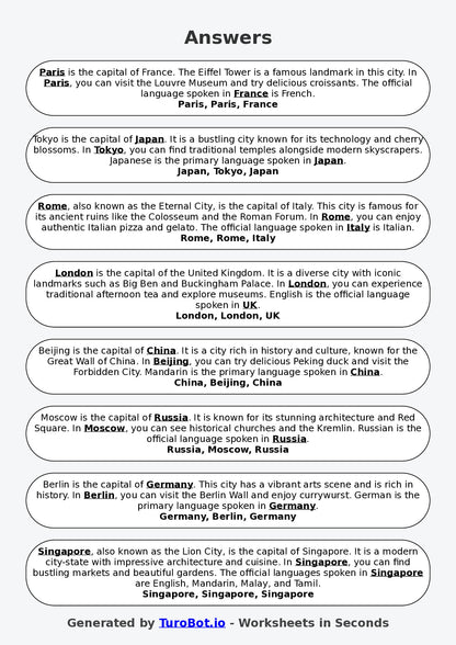 Year 6 Geography Fill in the Blanks Worksheet – Countries and Capitals