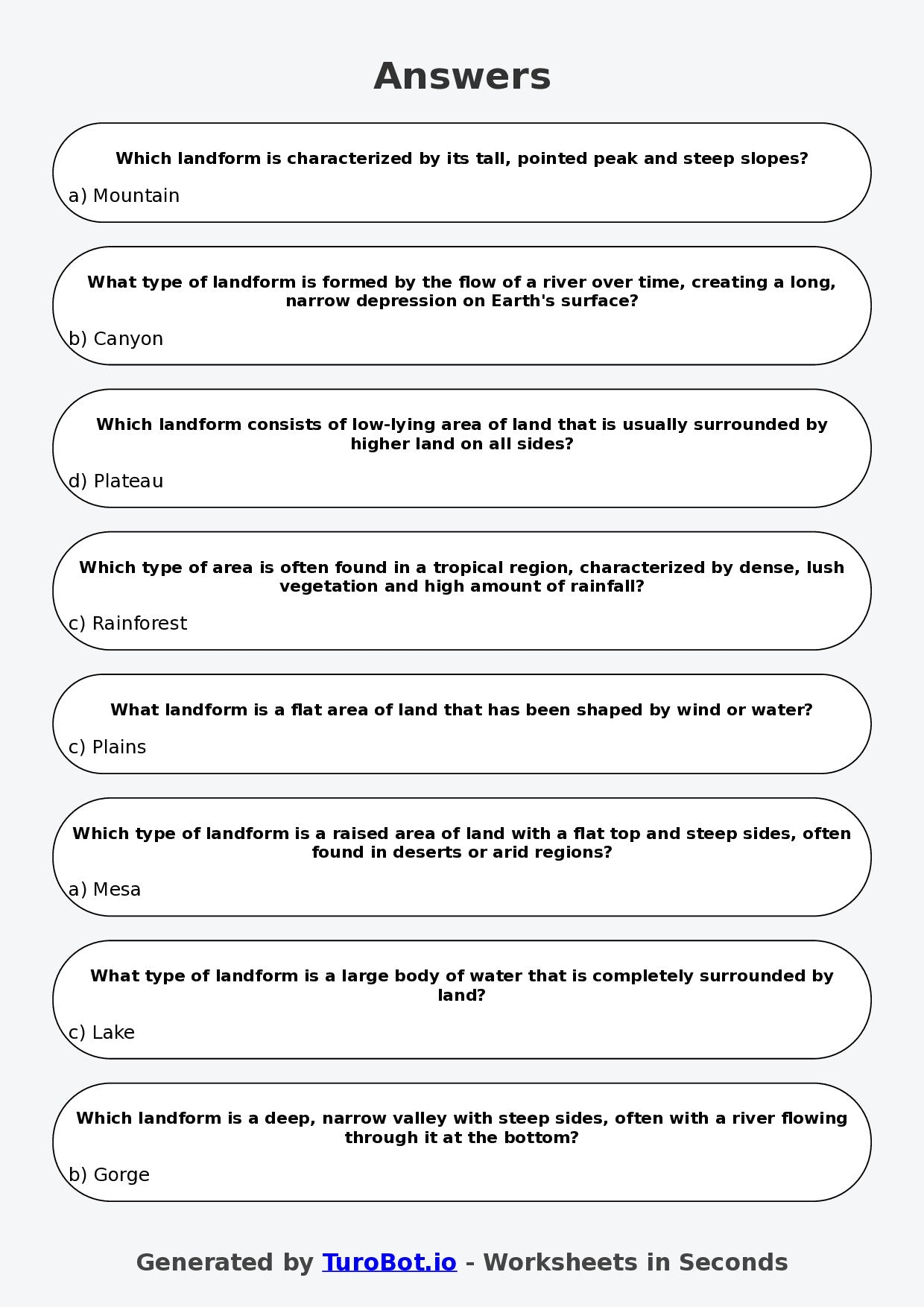Year 6 Geography Multiple Choice Worksheet – Landforms and Landscapes