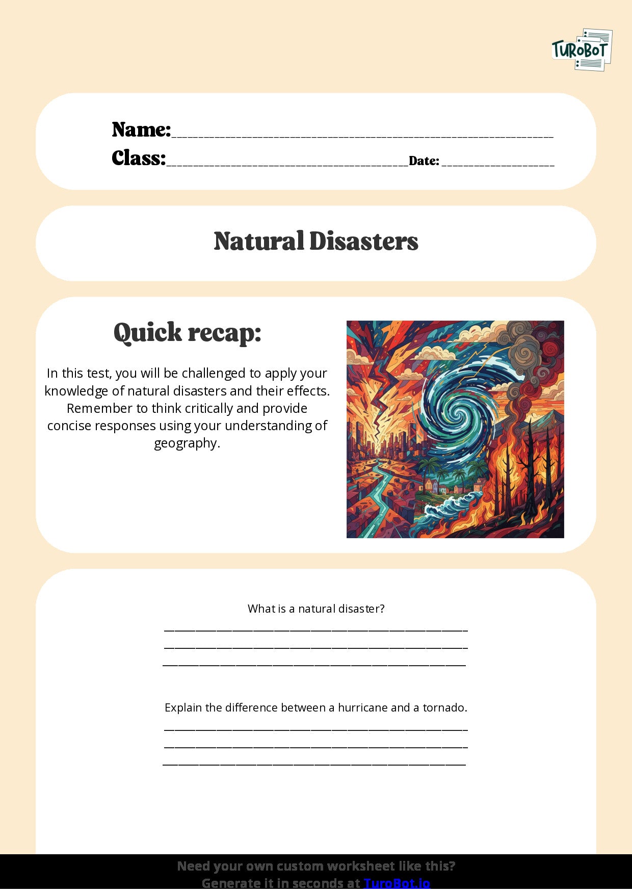Free Worksheet - Year 6 Geography Natural Disasters and Their Effects Short Answer Response