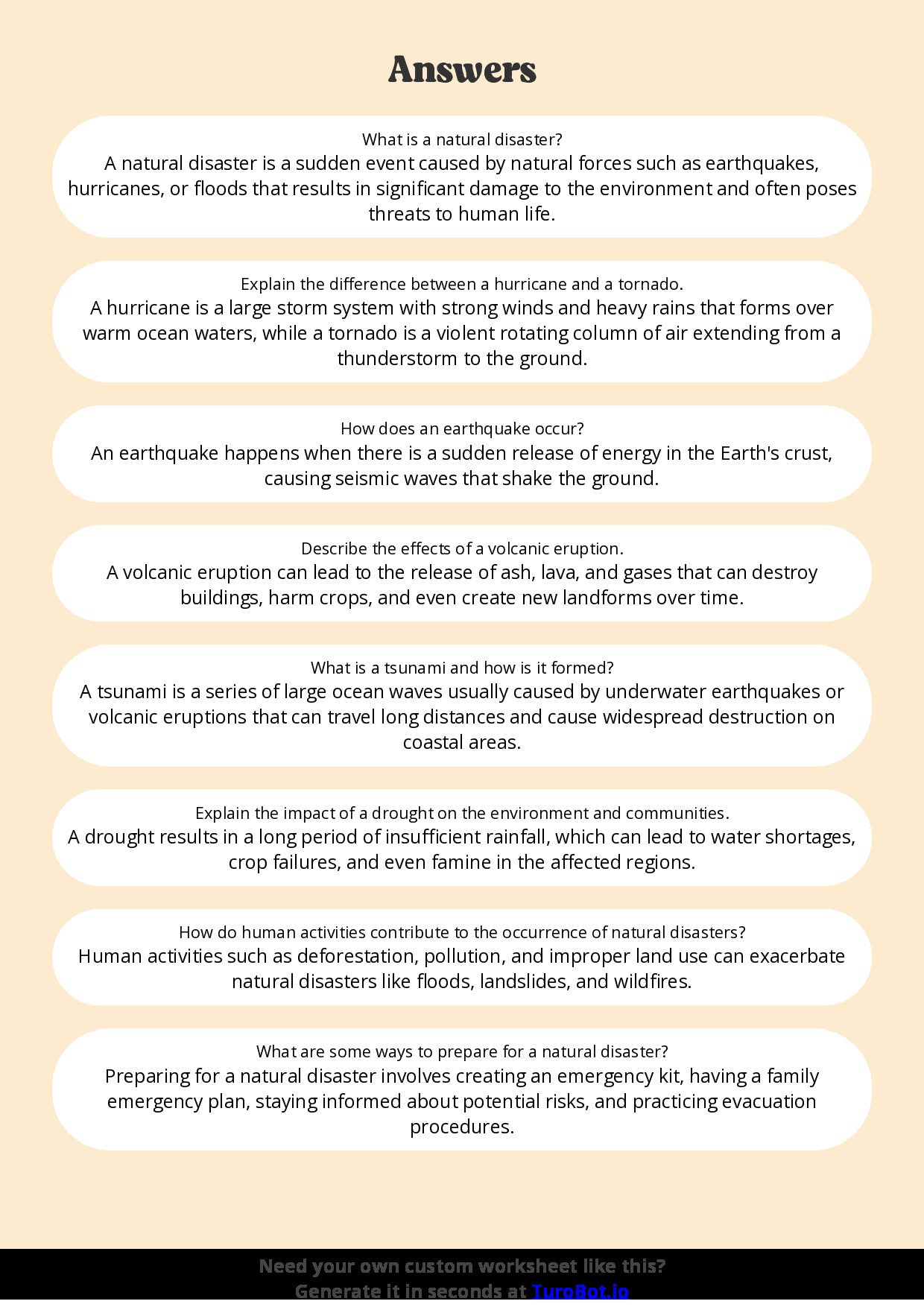 Free Worksheet - Year 6 Geography Natural Disasters and Their Effects Short Answer Response