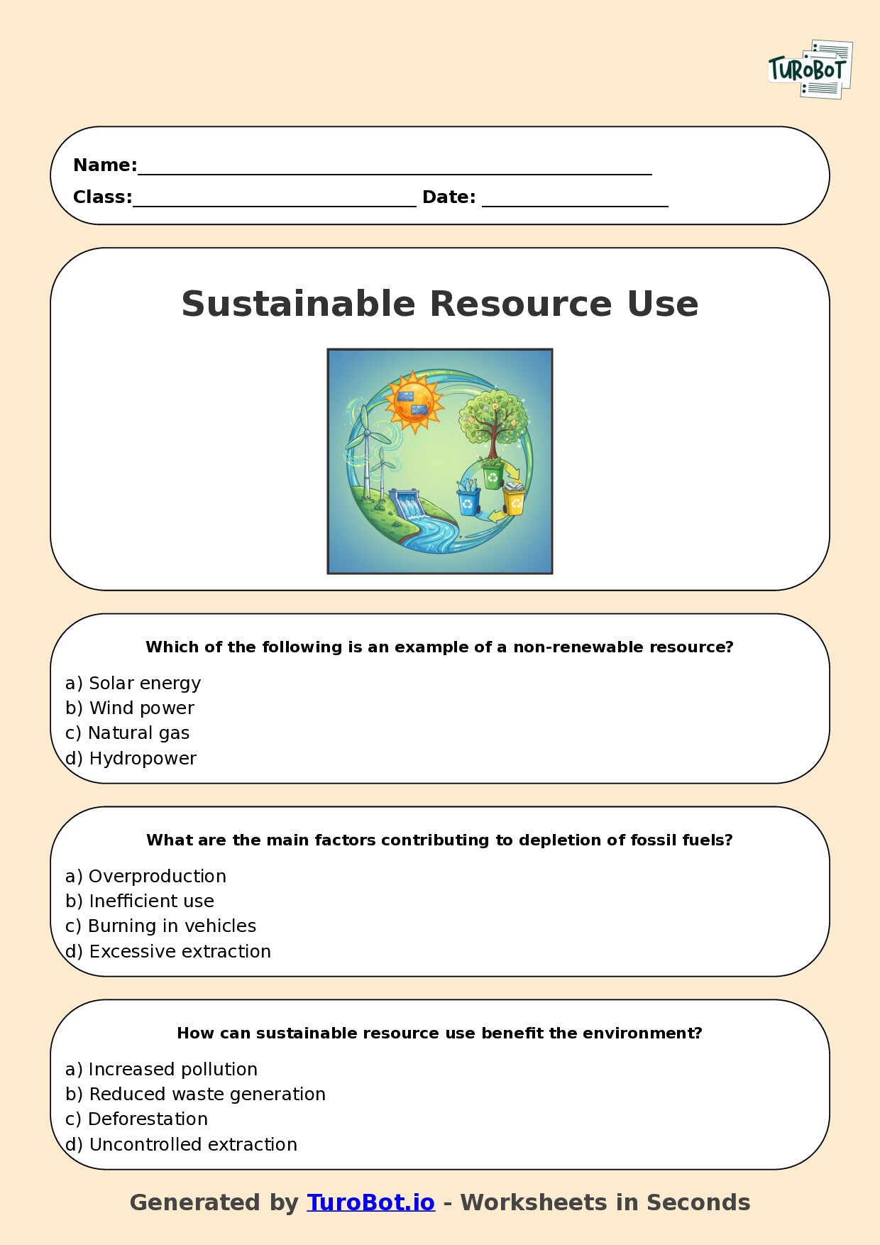 Year 7 Geography Multiple Choice Worksheet – Sustainable Resource Use