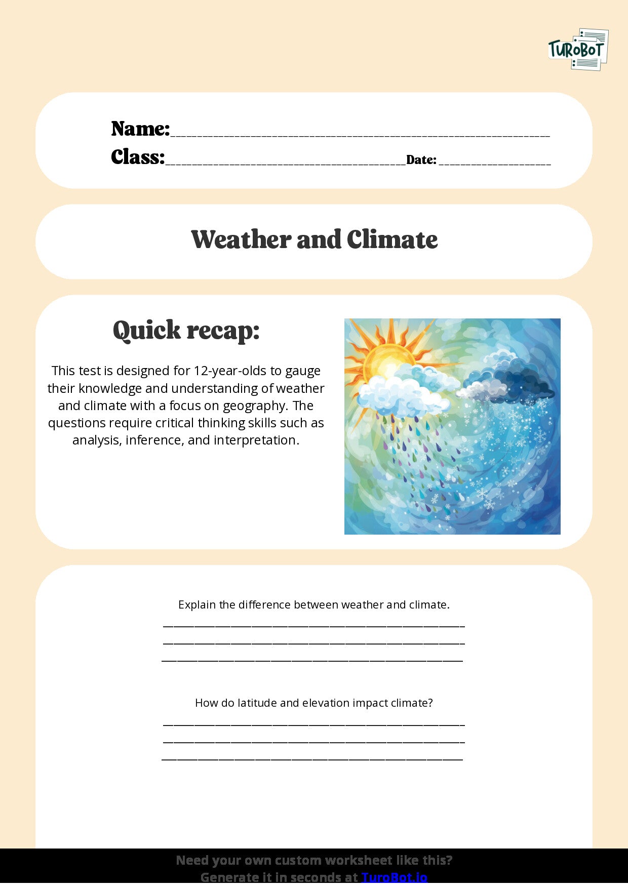 Free Worksheet - Year 7 Geography Understanding Weather and Climate Short Answer Response