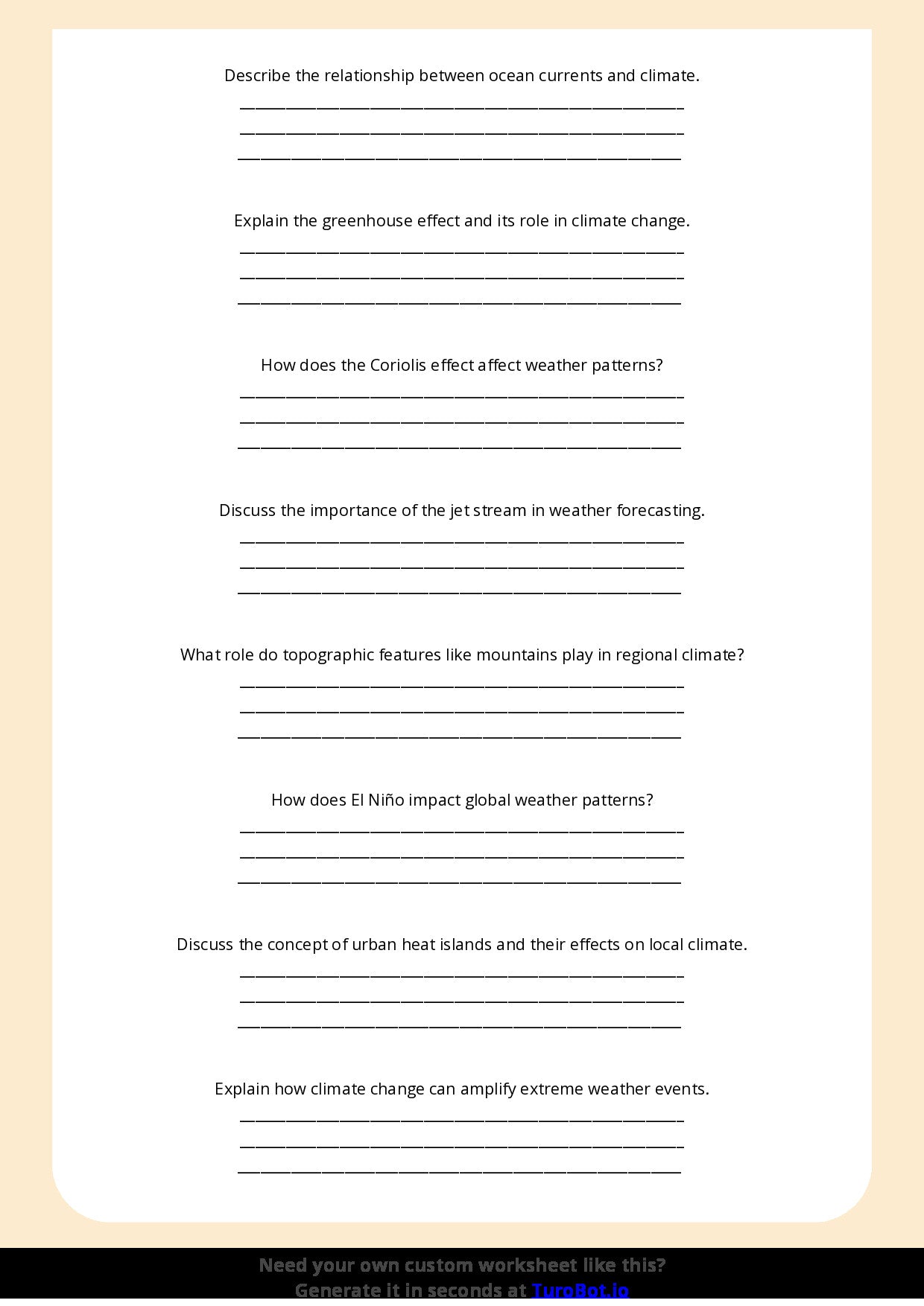 Free Worksheet - Year 7 Geography Understanding Weather and Climate Short Answer Response