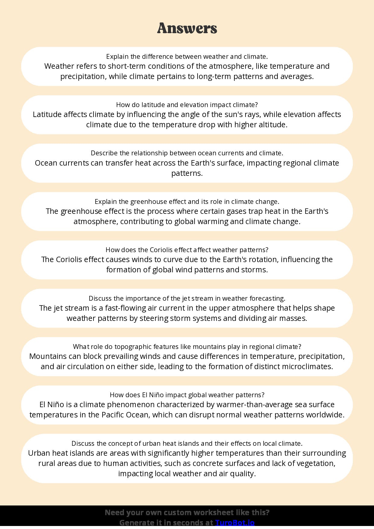 Free Worksheet - Year 7 Geography Understanding Weather and Climate Short Answer Response