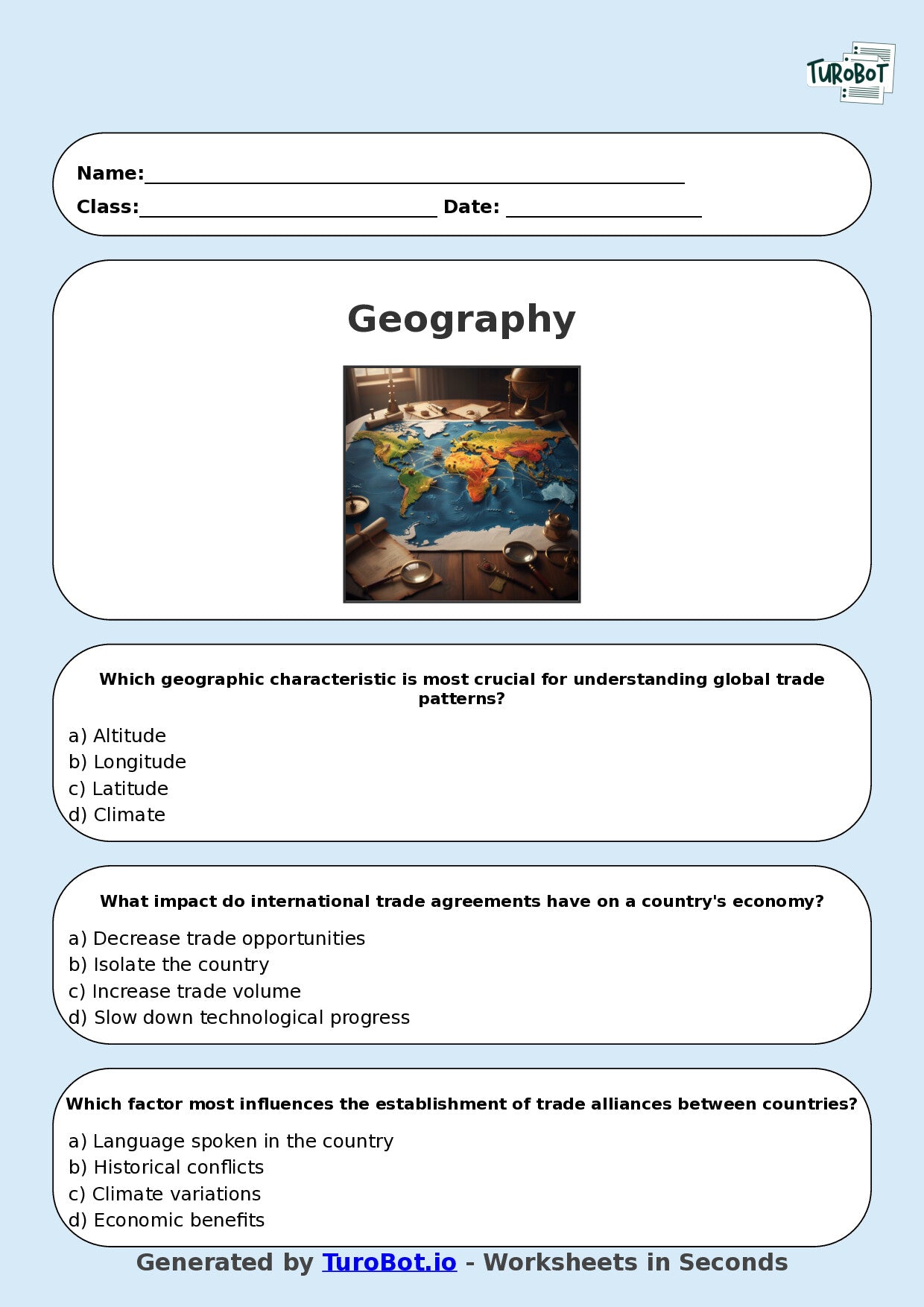 Year 8 Geography Multiple Choice Worksheet – Global Connections and Trade