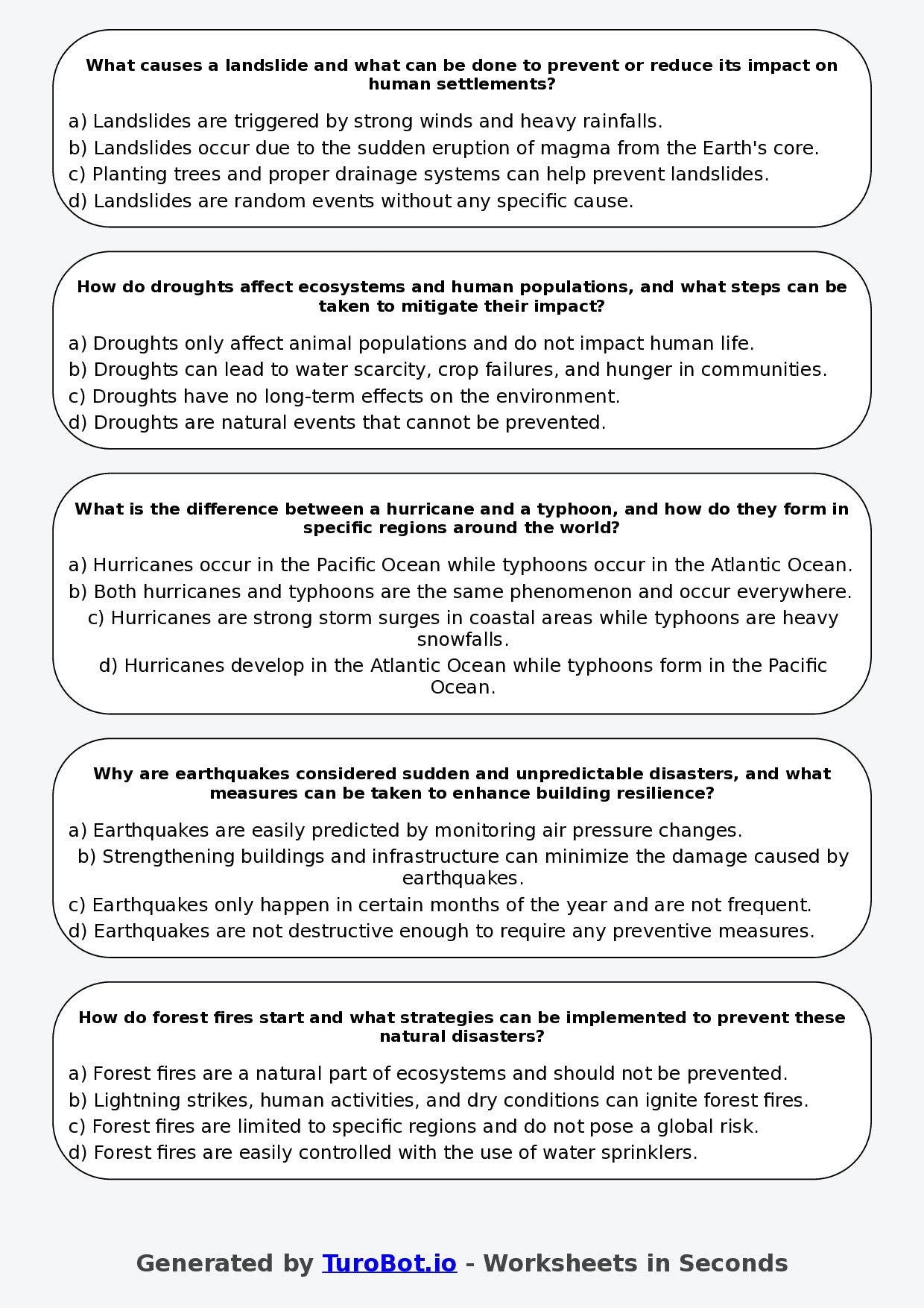 Year 8 Geography Multiple Choice Worksheet – Natural Disasters