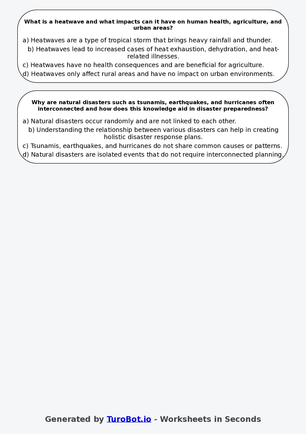 Year 8 Geography Multiple Choice Worksheet – Natural Disasters