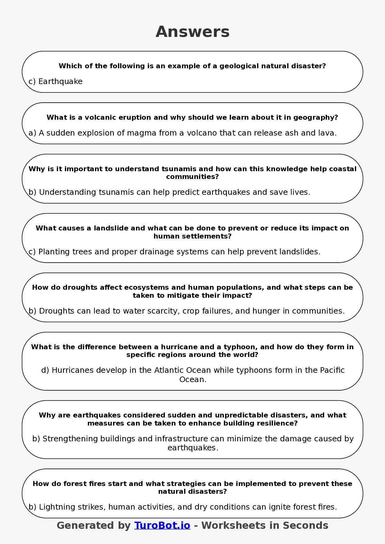 Year 8 Geography Multiple Choice Worksheet – Natural Disasters