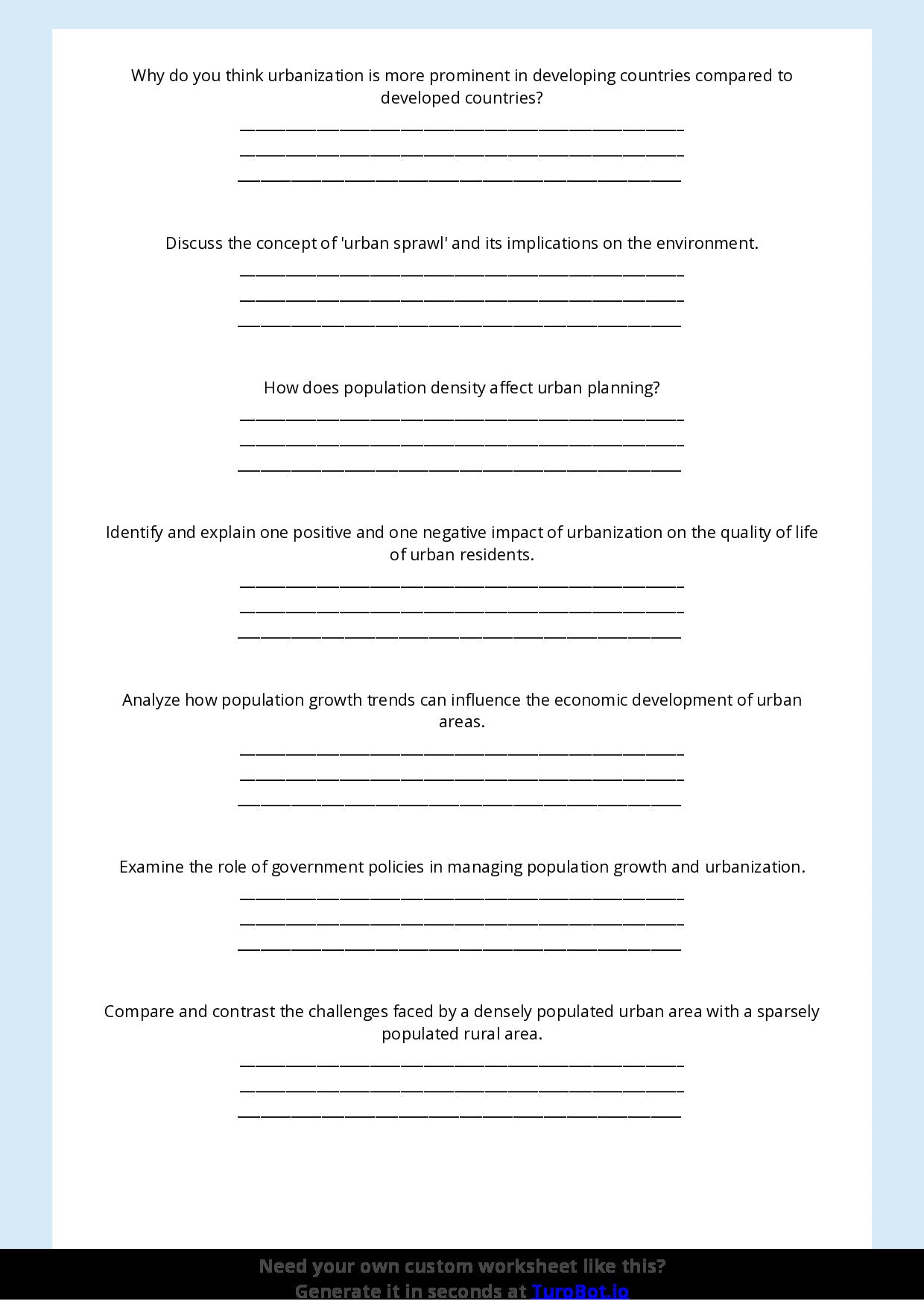 Free Worksheet - Year 8 Geography Population Growth and Urbanisation Short Answer Response