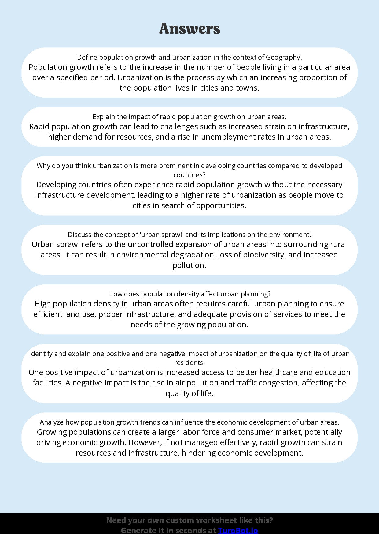 Free Worksheet - Year 8 Geography Population Growth and Urbanisation Short Answer Response