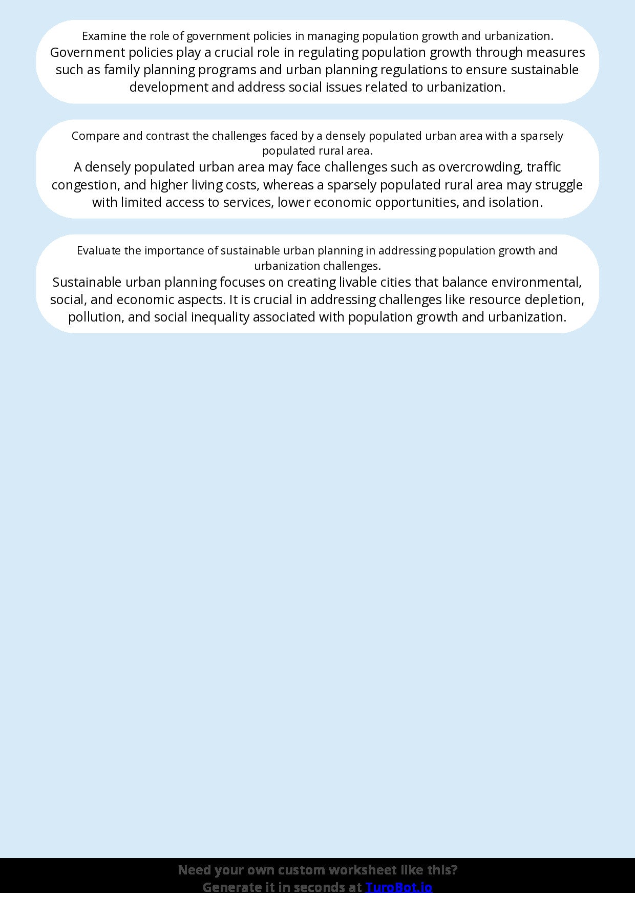 Free Worksheet - Year 8 Geography Population Growth and Urbanisation Short Answer Response
