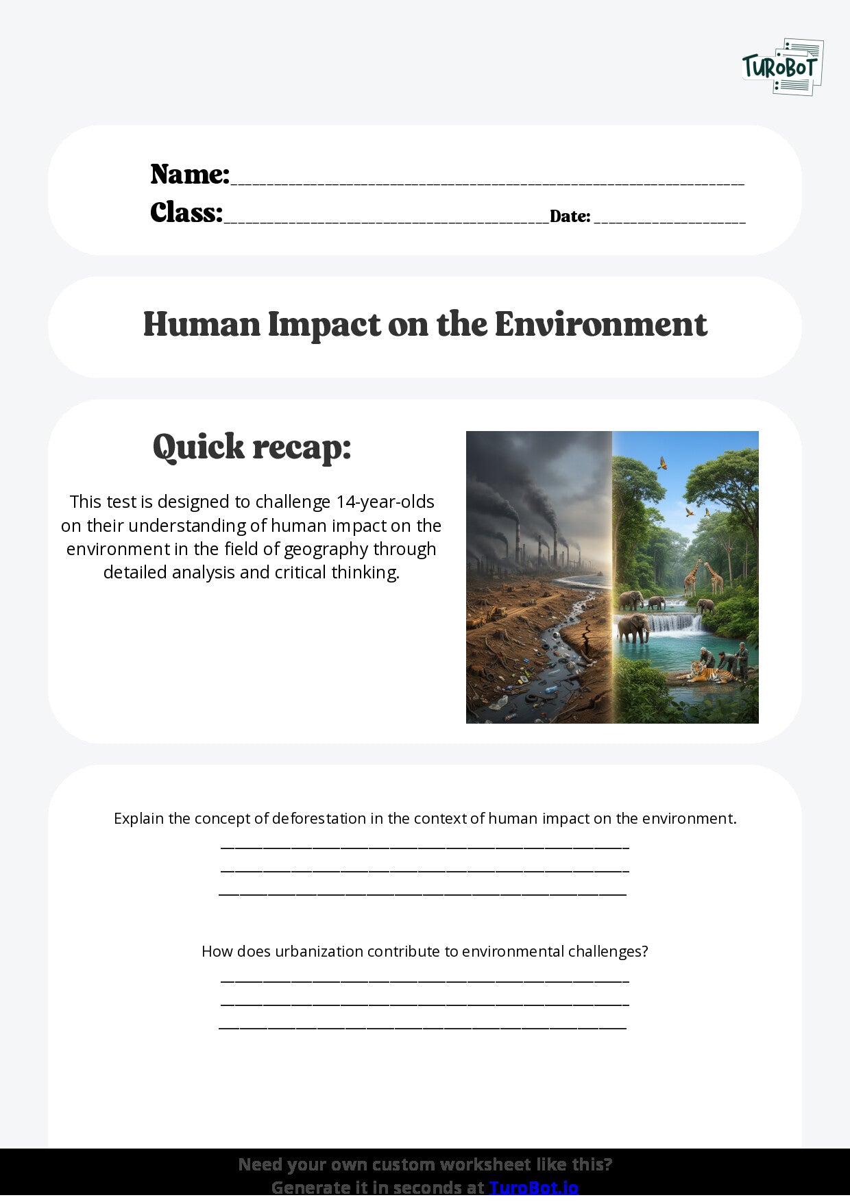 Free Worksheet - Year 9 Geography Human Impact on the Environment Short Answer Response
