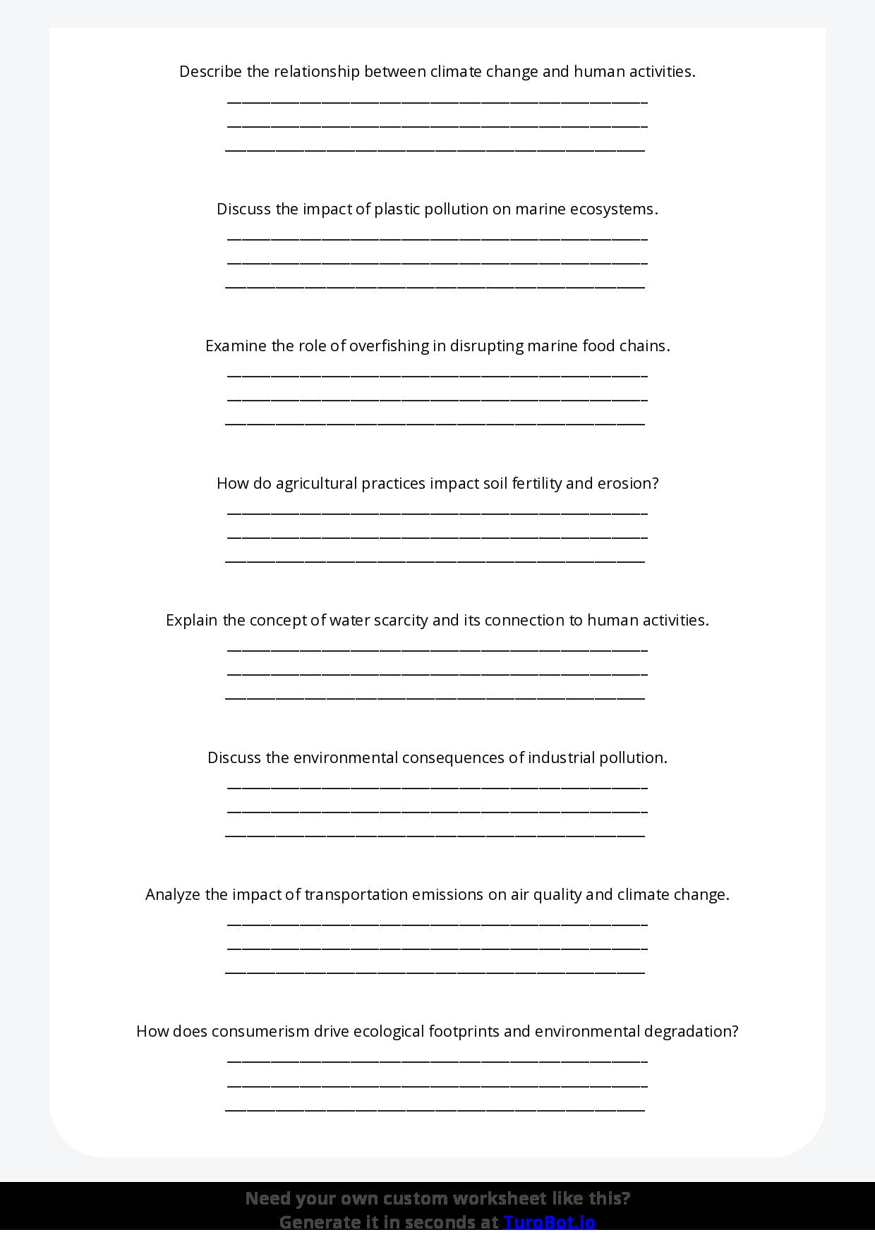 Free Worksheet - Year 9 Geography Human Impact on the Environment Short Answer Response