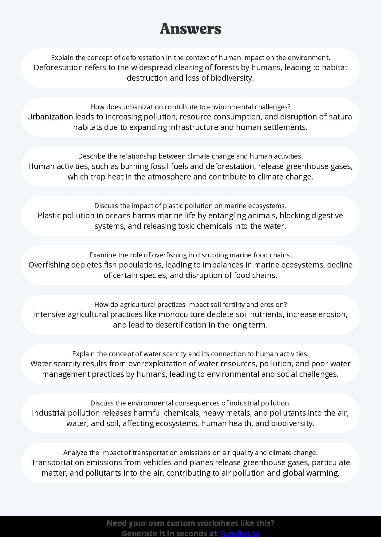 Free Worksheet - Year 9 Geography Human Impact on the Environment Short Answer Response