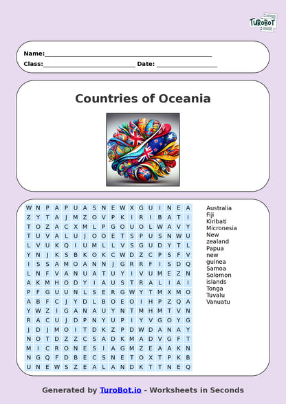 Geography - Year 6 - Find a Word - Countries of Oceania – Free Find a Word Worksheet