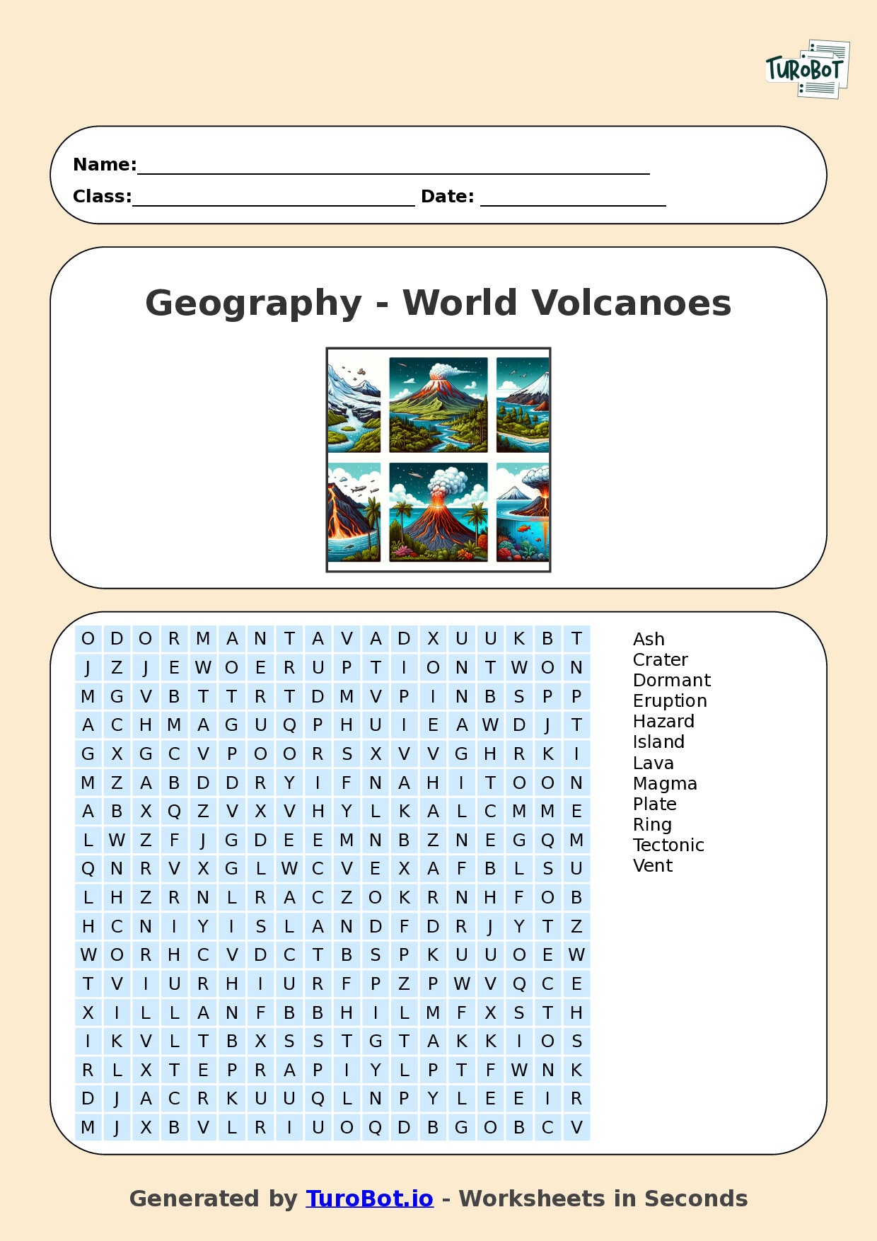 Geography - Year 7 - Find a Word - World Volcanoes – Free Find a Word Worksheet