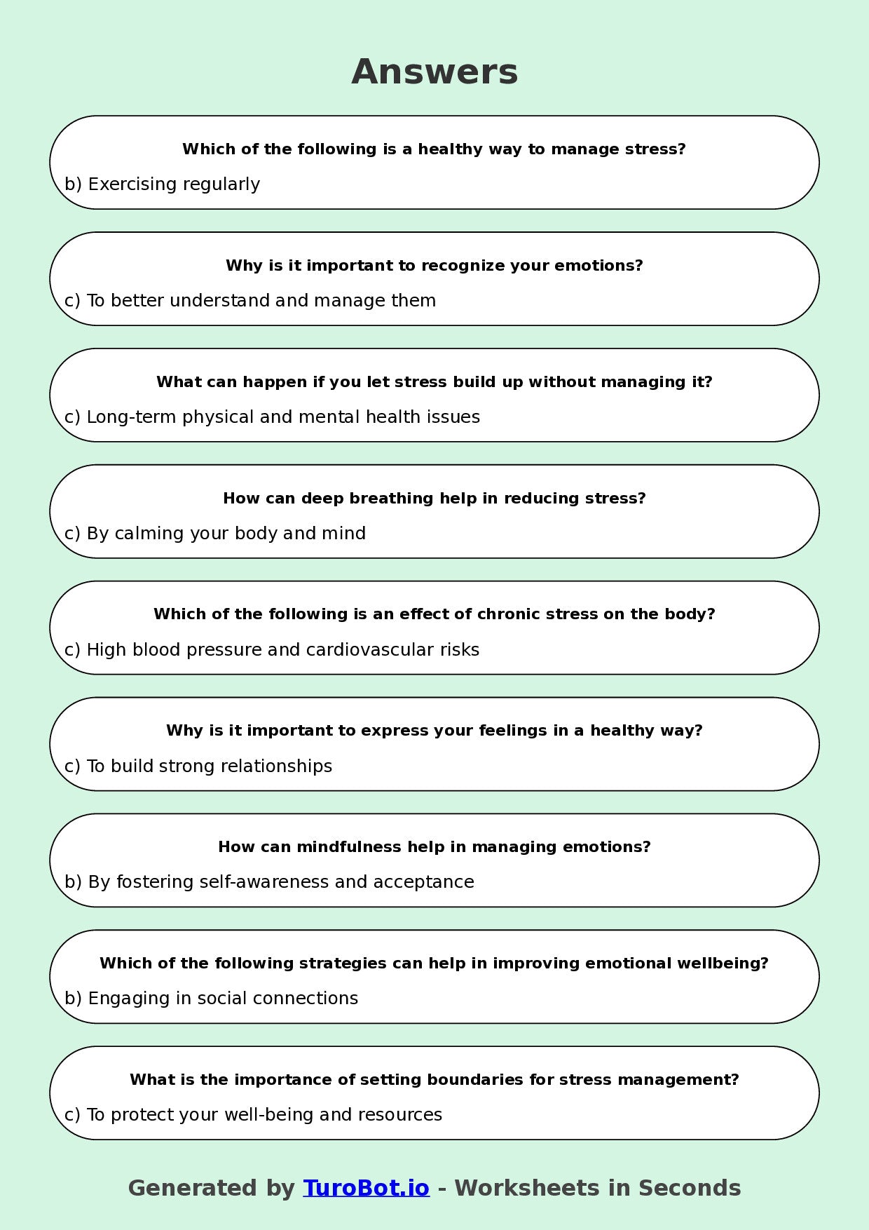 Year 8 Health Multiple Choice Worksheet – Managing Stress and Emotions