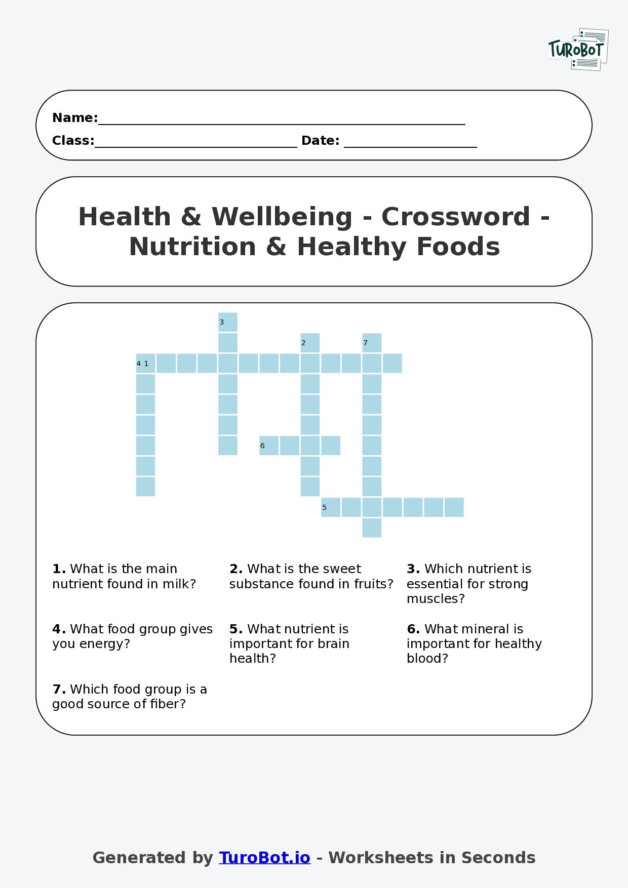 Year 4 Health & Wellbeing Crossword Worksheet – Nutrition & Healthy Foods