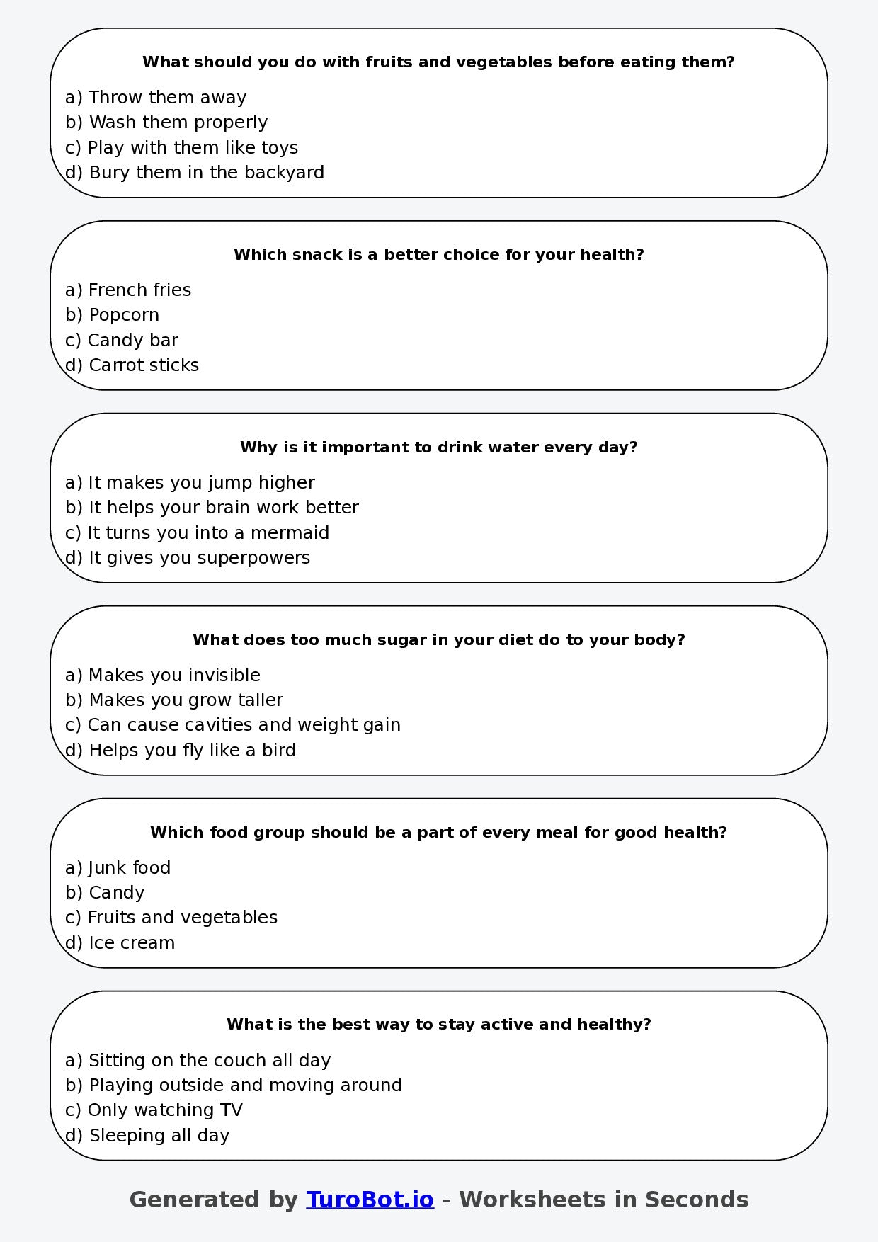 Year 4 Health & Wellbeing Multiple Choice Worksheet – Healthy Eating Choices