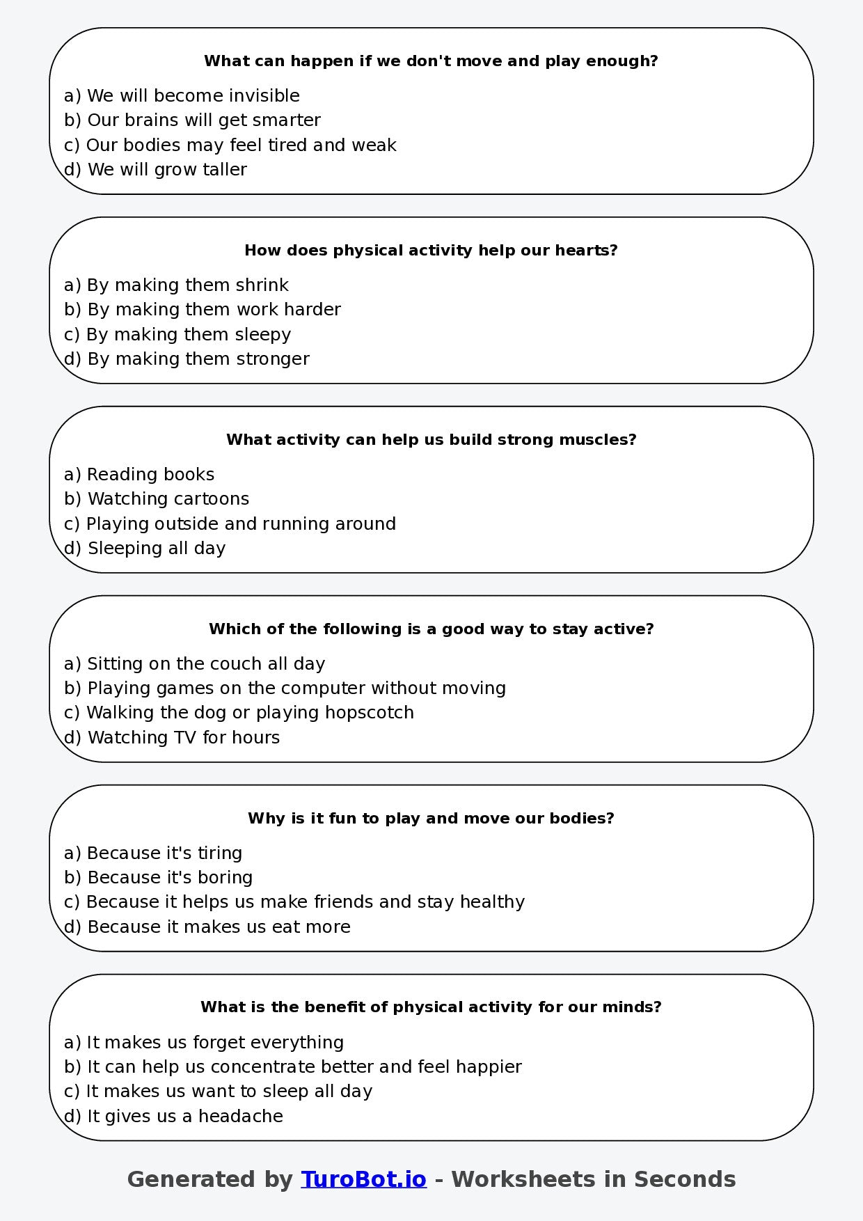 Year 4 Health & Wellbeing Multiple Choice Worksheet – Physical Activity Benefits