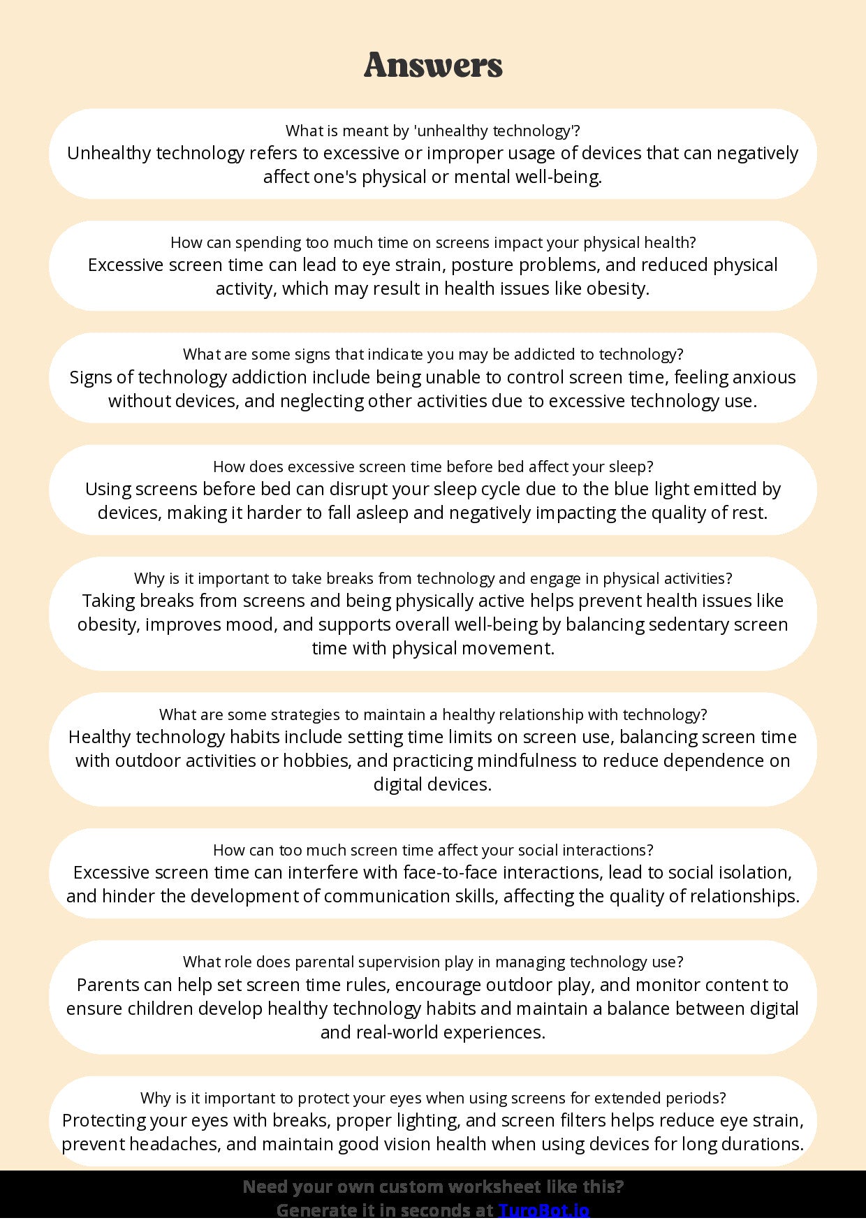 Free Worksheet - Year 5 Health & Wellbeing When Technology Becomes Unhealthy Multiple Choice