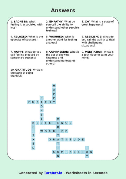 Year 6 Health & Wellbeing Crossword Worksheet – Emotional Awareness