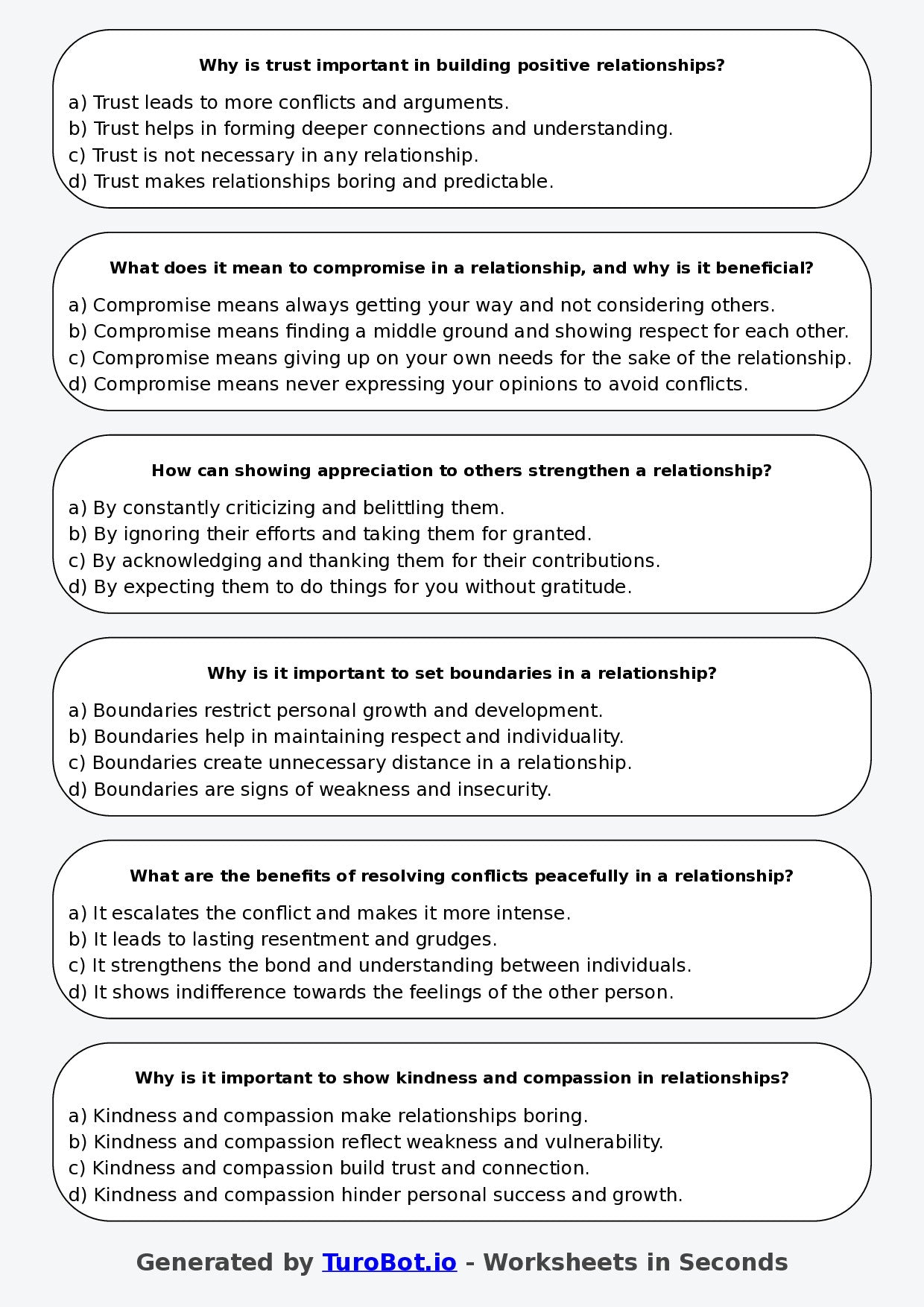 Year 6 Health & Wellbeing Multiple Choice Worksheet – Building Positive Relationships