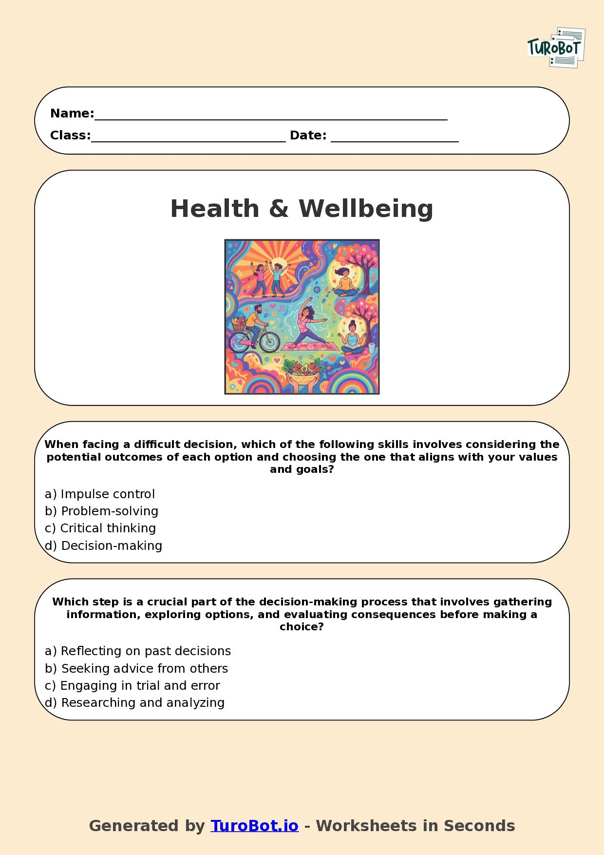 Year 7 Health & Wellbeing Multiple Choice Worksheet – Decision Making Skills