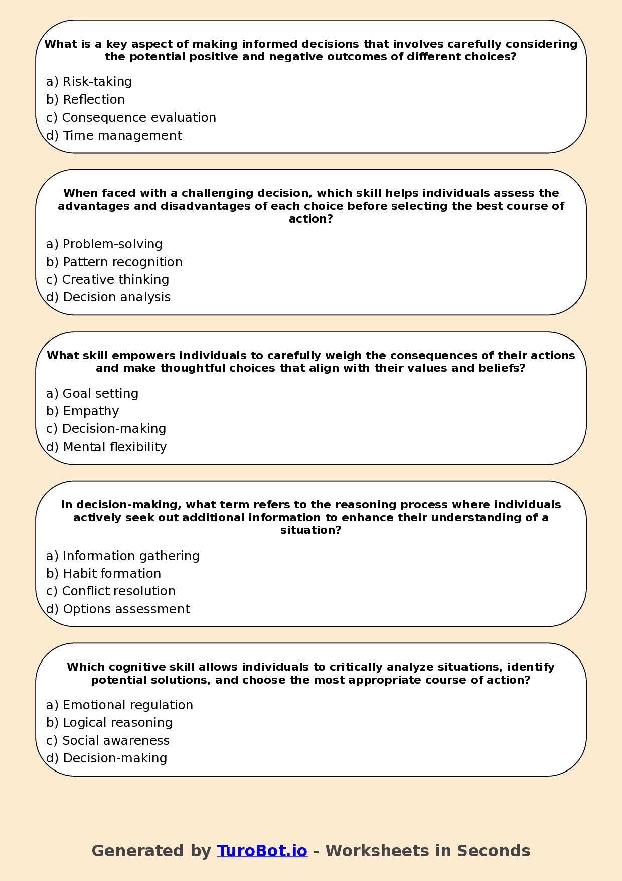 Year 7 Health & Wellbeing Multiple Choice Worksheet – Decision Making Skills