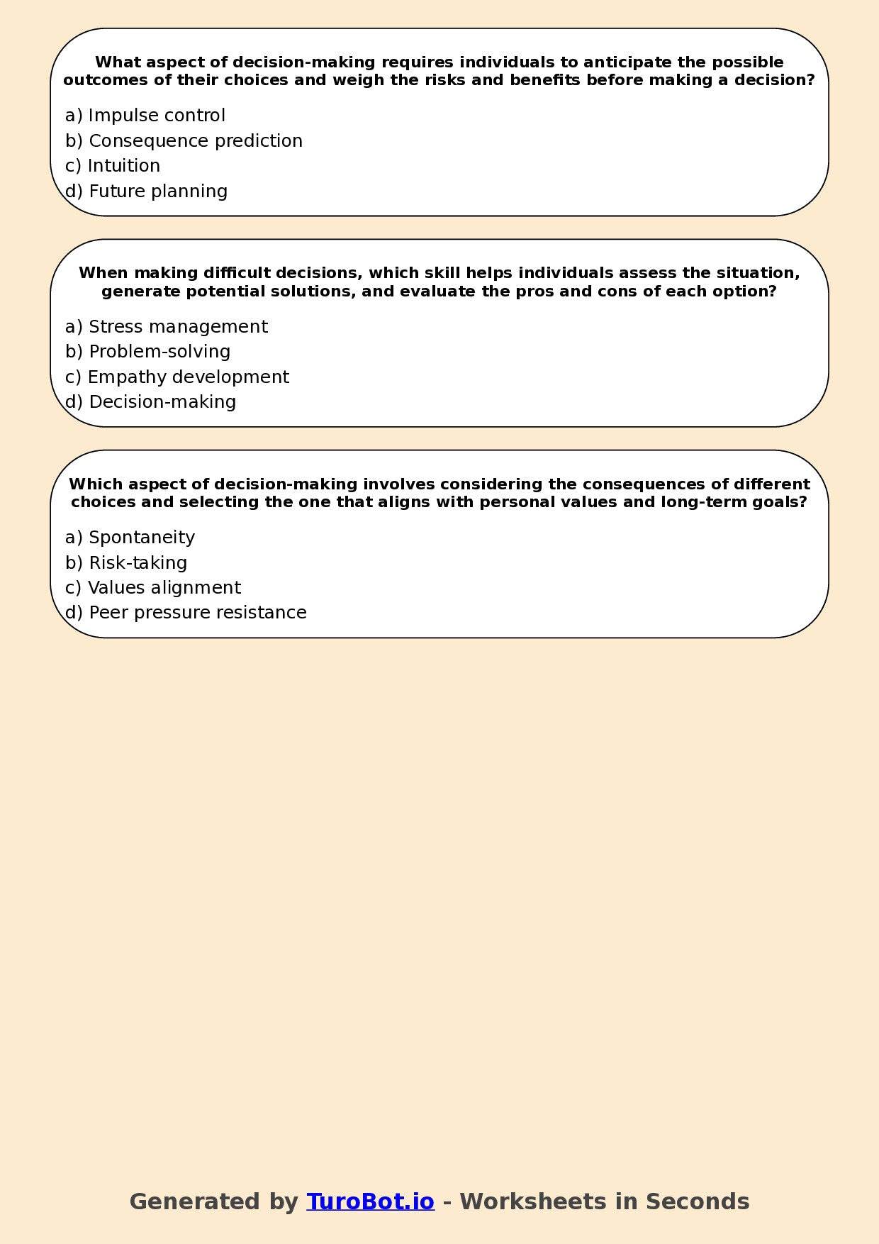 Year 7 Health & Wellbeing Multiple Choice Worksheet – Decision Making Skills