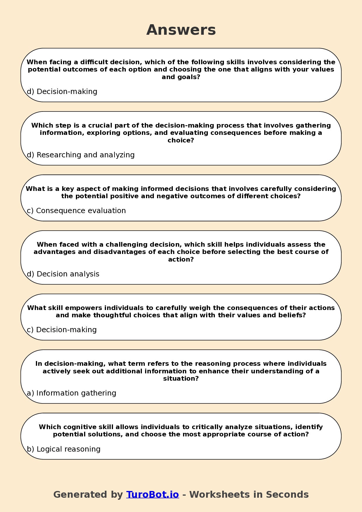 Year 7 Health & Wellbeing Multiple Choice Worksheet – Decision Making Skills