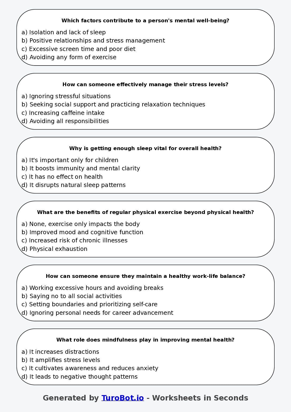 Year 7 Health & Wellbeing Multiple Choice Worksheet – Healthy Living Habits